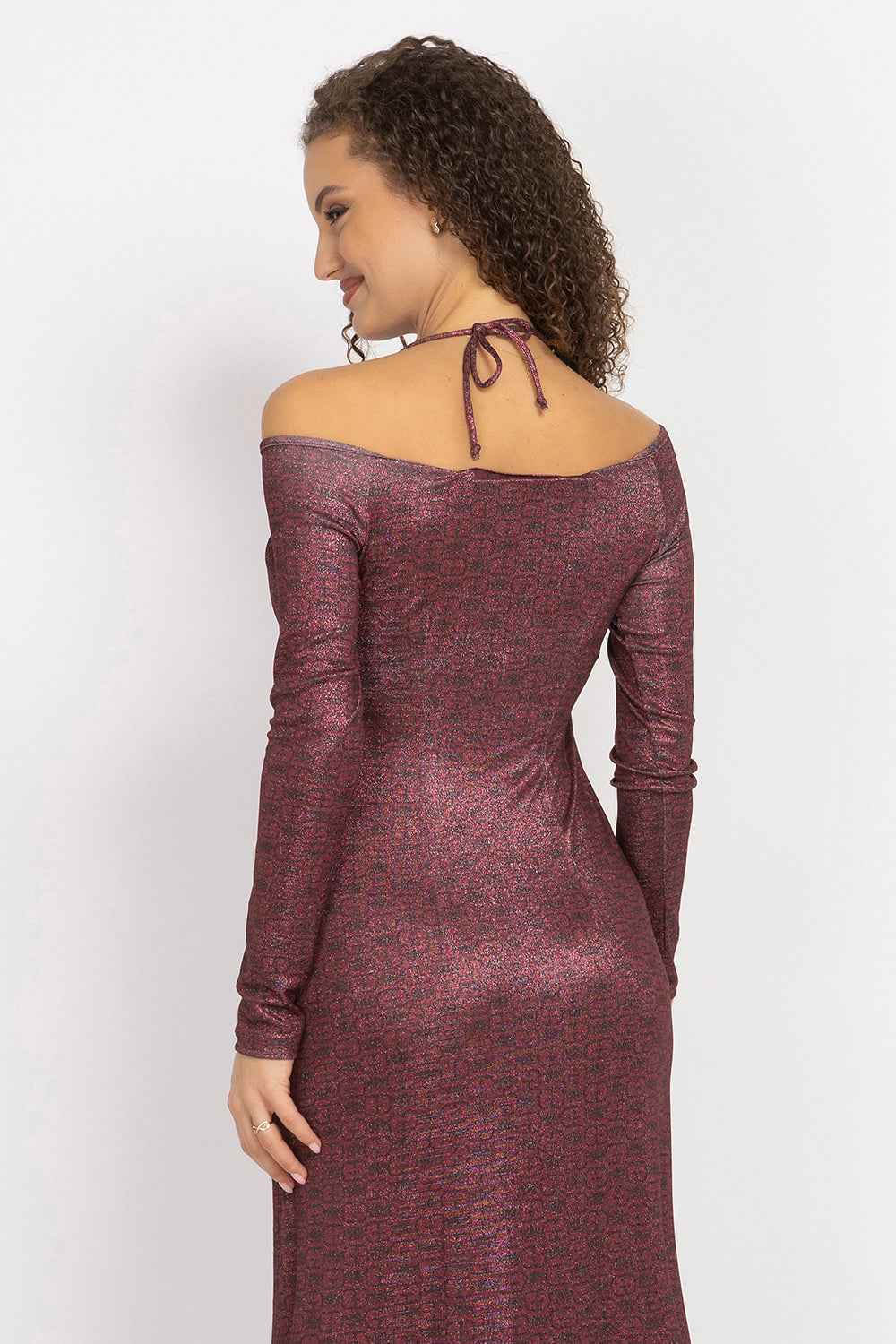 ASYMMETRIC LUREX DRESS WITH KNOT DETAIL AND FRONT DRAWSTRING - BURGUNDY LOGO