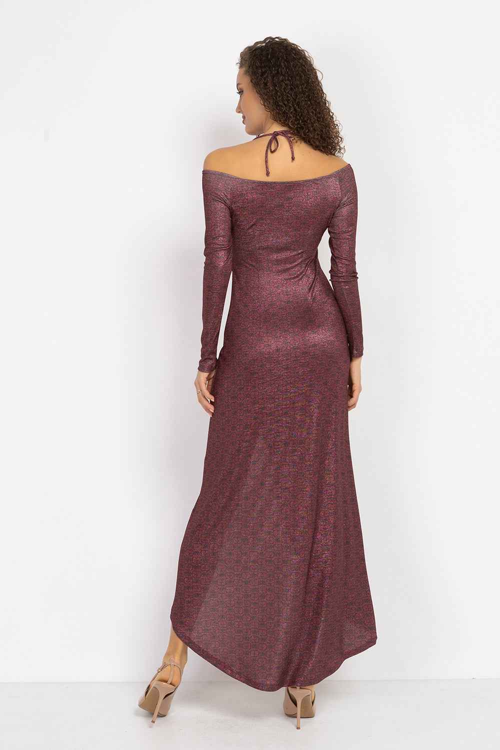 ASYMMETRIC LUREX DRESS WITH KNOT DETAIL AND FRONT DRAWSTRING - BURGUNDY LOGO