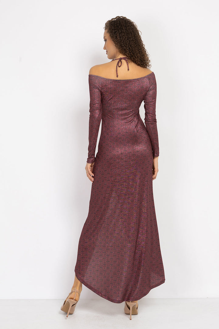 ASYMMETRIC LUREX DRESS WITH KNOT DETAIL AND FRONT DRAWSTRING - BURGUNDY LOGO JIORO АСИМЕТРИЧНА РОКЛЯ ОТ ЛУРЕКС С ВЪЗЕЛ - BURGUNDY LOGO JIORO