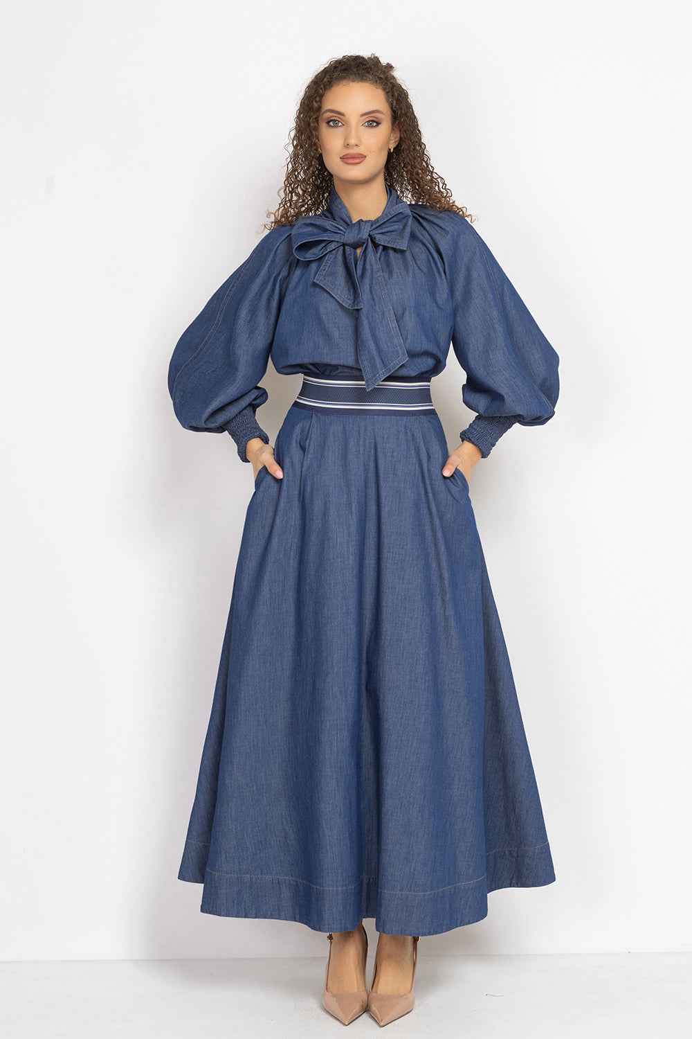 LONG DENIM SKIRT WITH ELASTIC WAIST AND SIDE POCKETS - ESSENTIALS