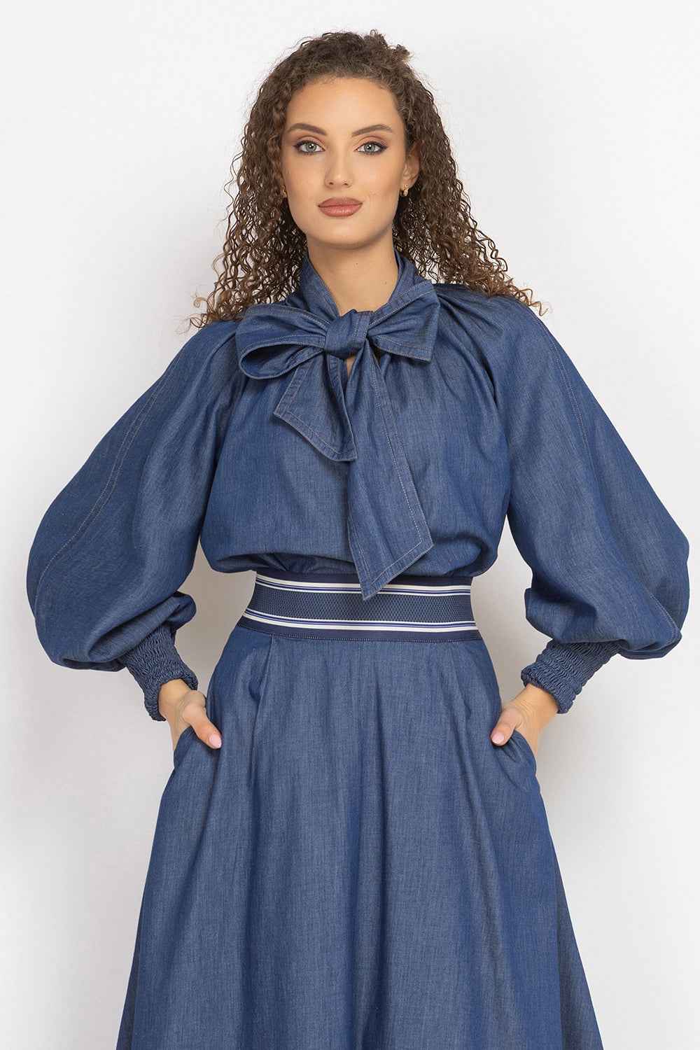 DENIM SHIRT WITH FRONT BOW AND RAGLAN SLEEVES - ESSENTIALS