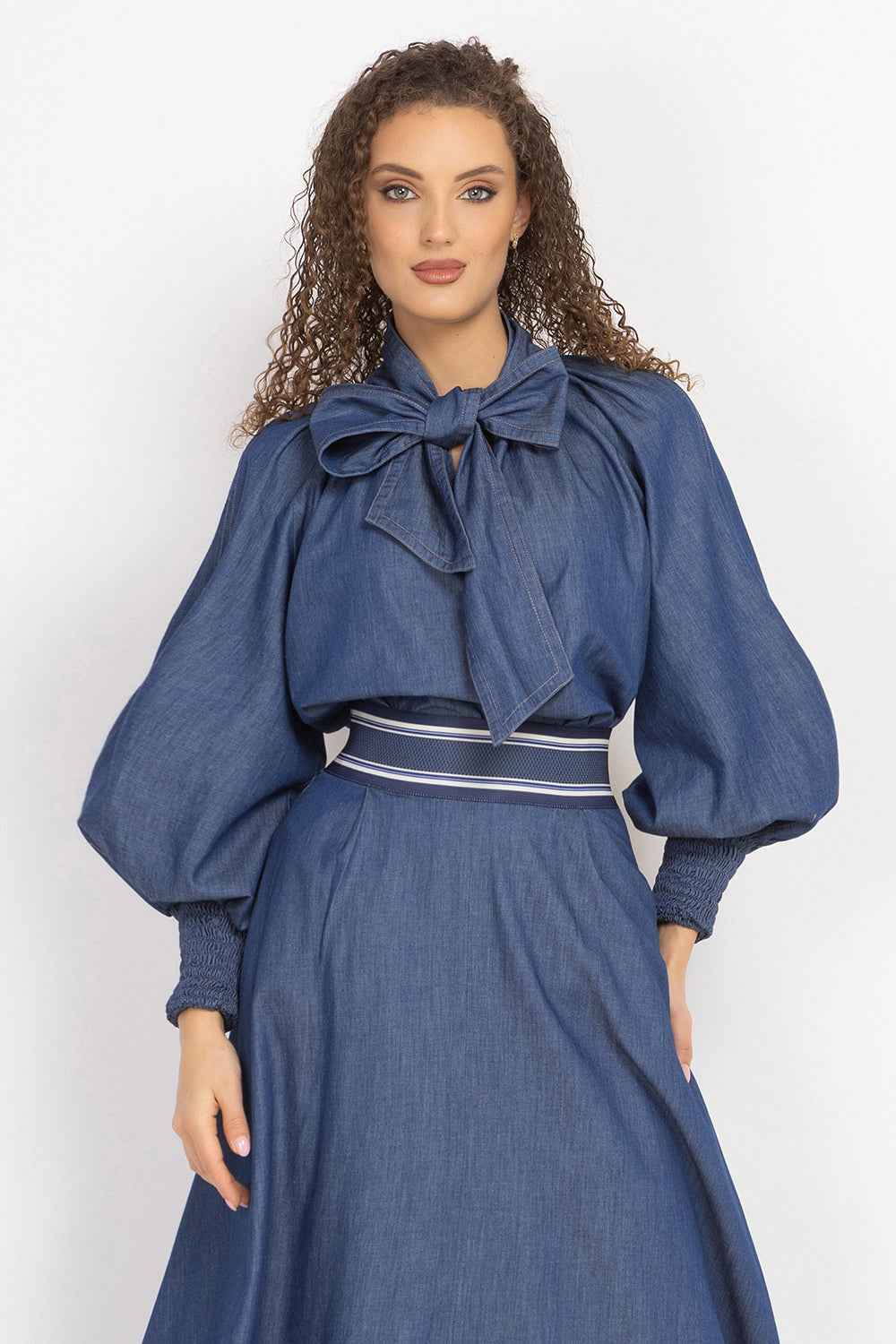 DENIM SHIRT WITH FRONT BOW AND RAGLAN SLEEVES - ESSENTIALS