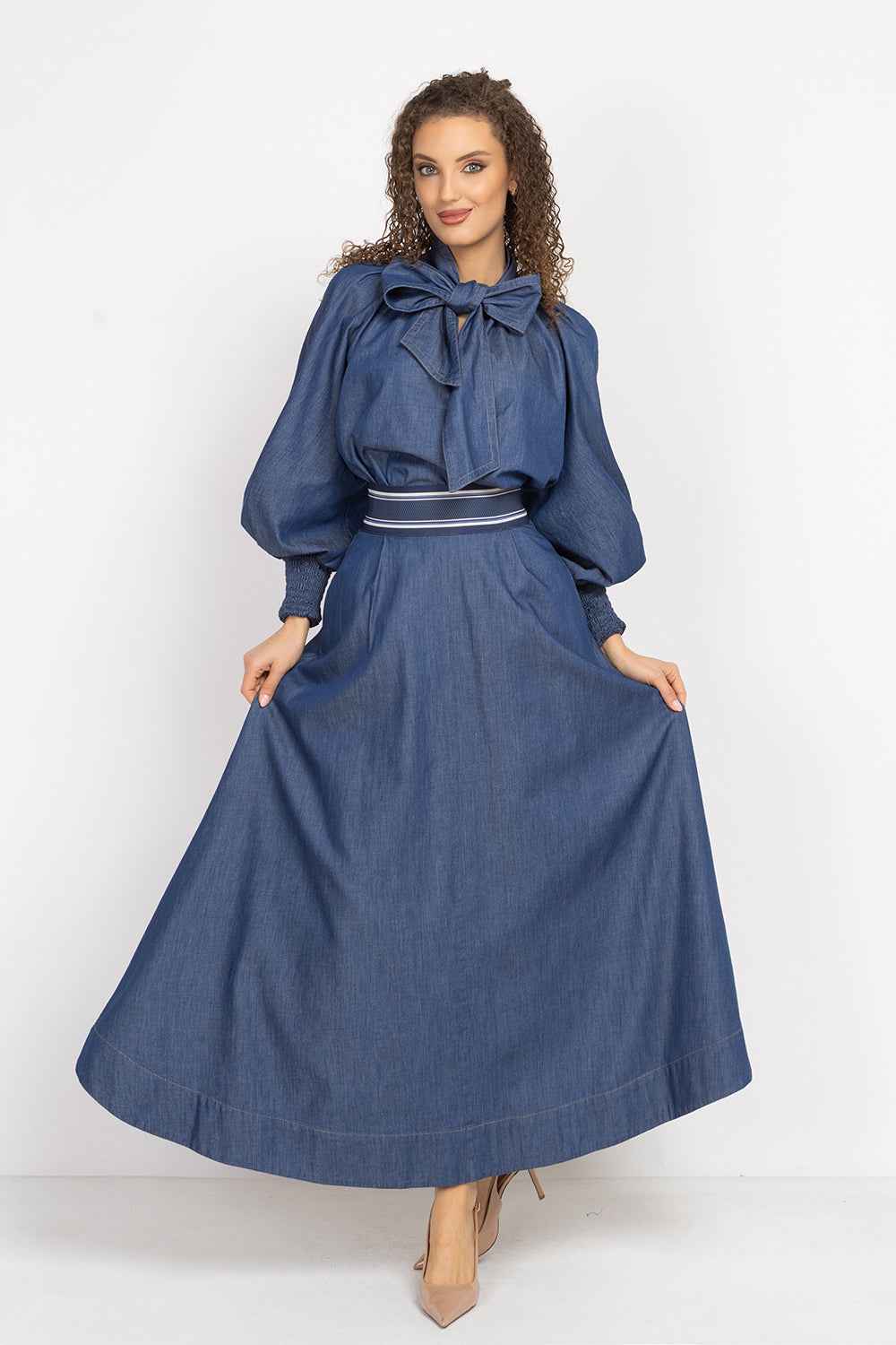 LONG DENIM SKIRT WITH ELASTIC WAIST AND SIDE POCKETS - ESSENTIALS