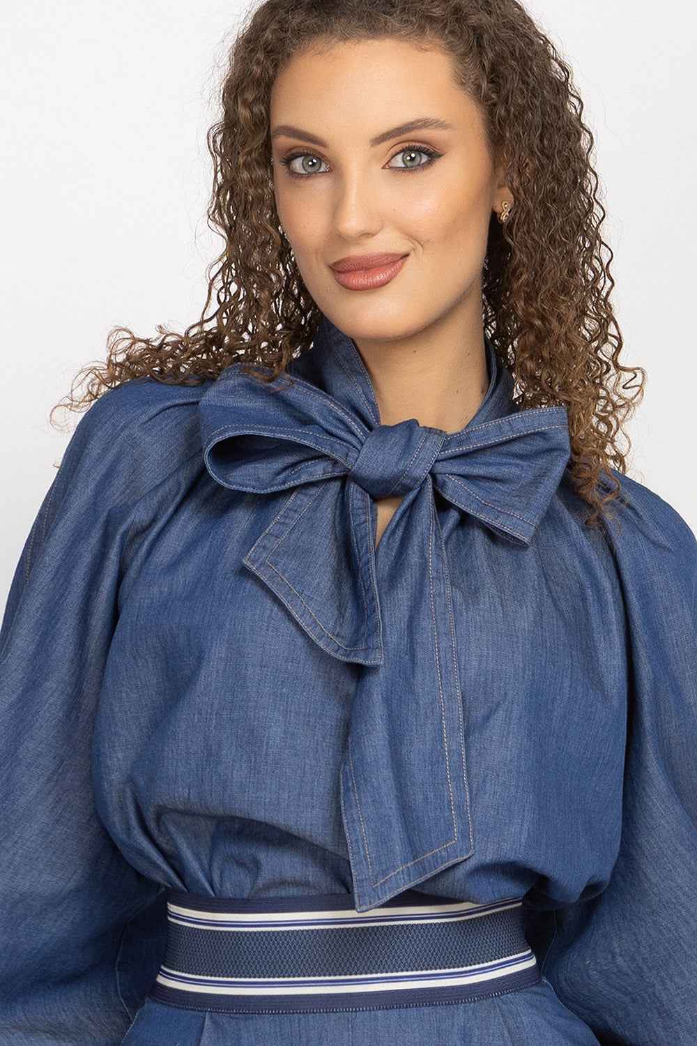 DENIM SHIRT WITH FRONT BOW AND RAGLAN SLEEVES - ESSENTIALS