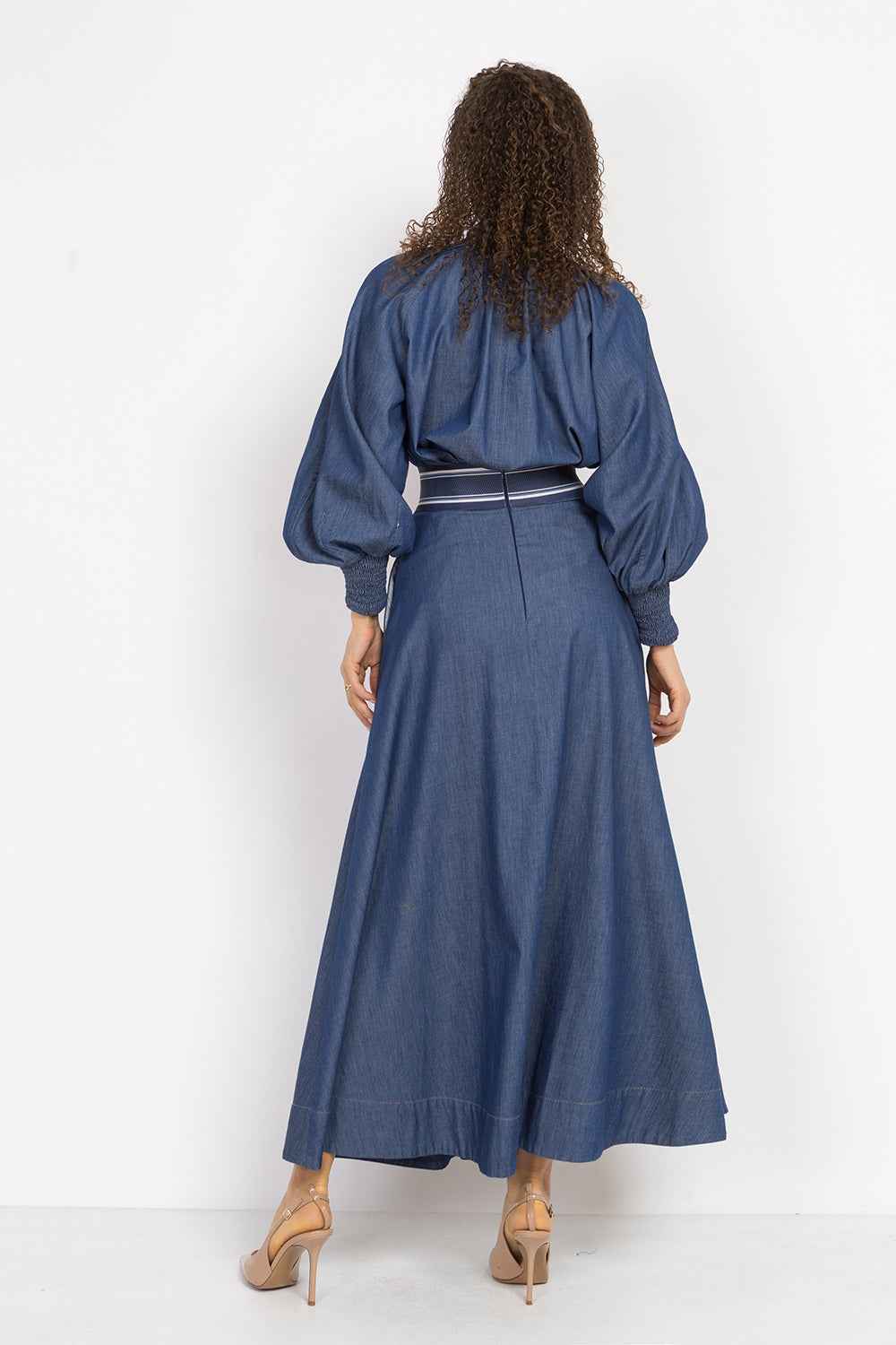 LONG DENIM SKIRT WITH ELASTIC WAIST AND SIDE POCKETS - ESSENTIALS