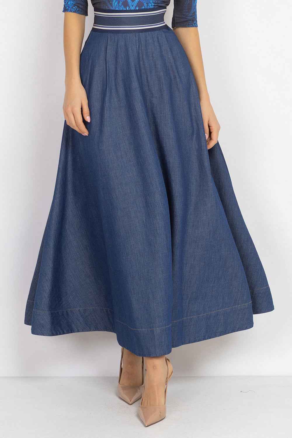 LONG DENIM SKIRT WITH ELASTIC WAIST AND SIDE POCKETS - ESSENTIALS