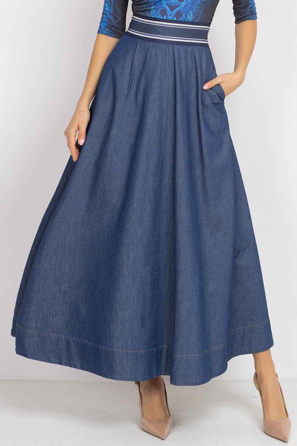 LONG DENIM SKIRT WITH ELASTIC WAIST AND SIDE POCKETS - ESSENTIALS