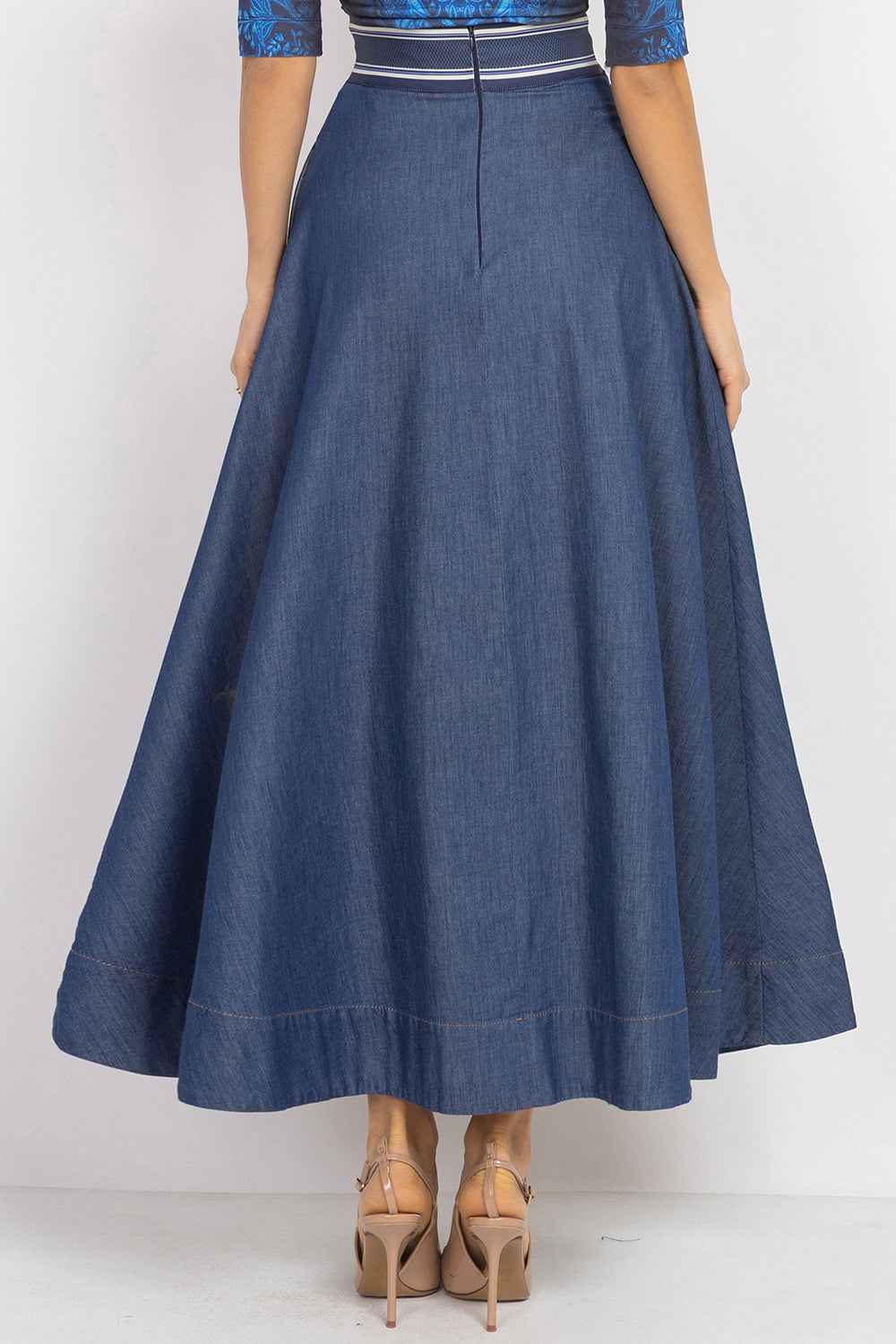 LONG DENIM SKIRT WITH ELASTIC WAIST AND SIDE POCKETS - ESSENTIALS