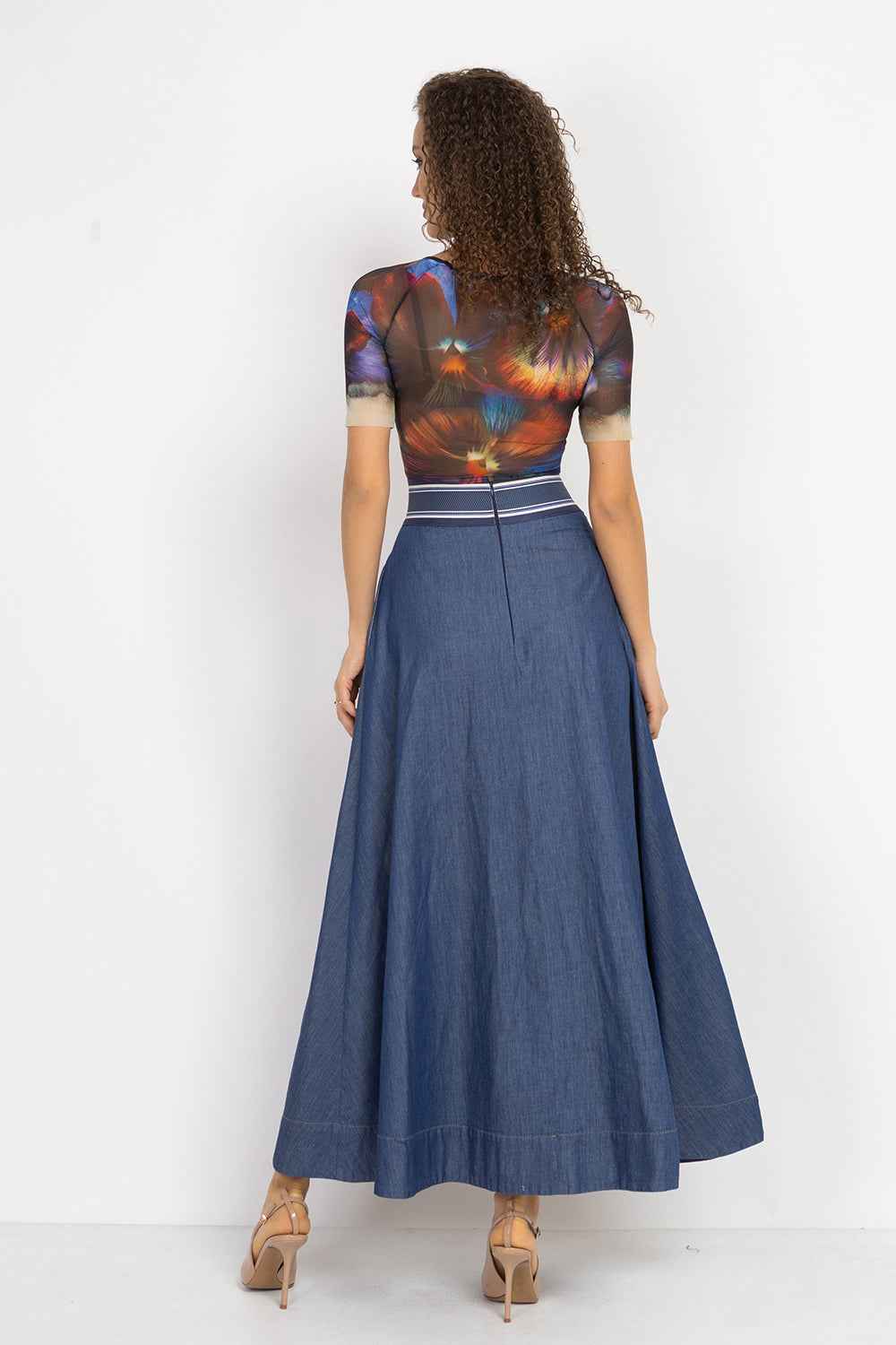 LONG DENIM SKIRT WITH ELASTIC WAIST AND SIDE POCKETS - ESSENTIALS