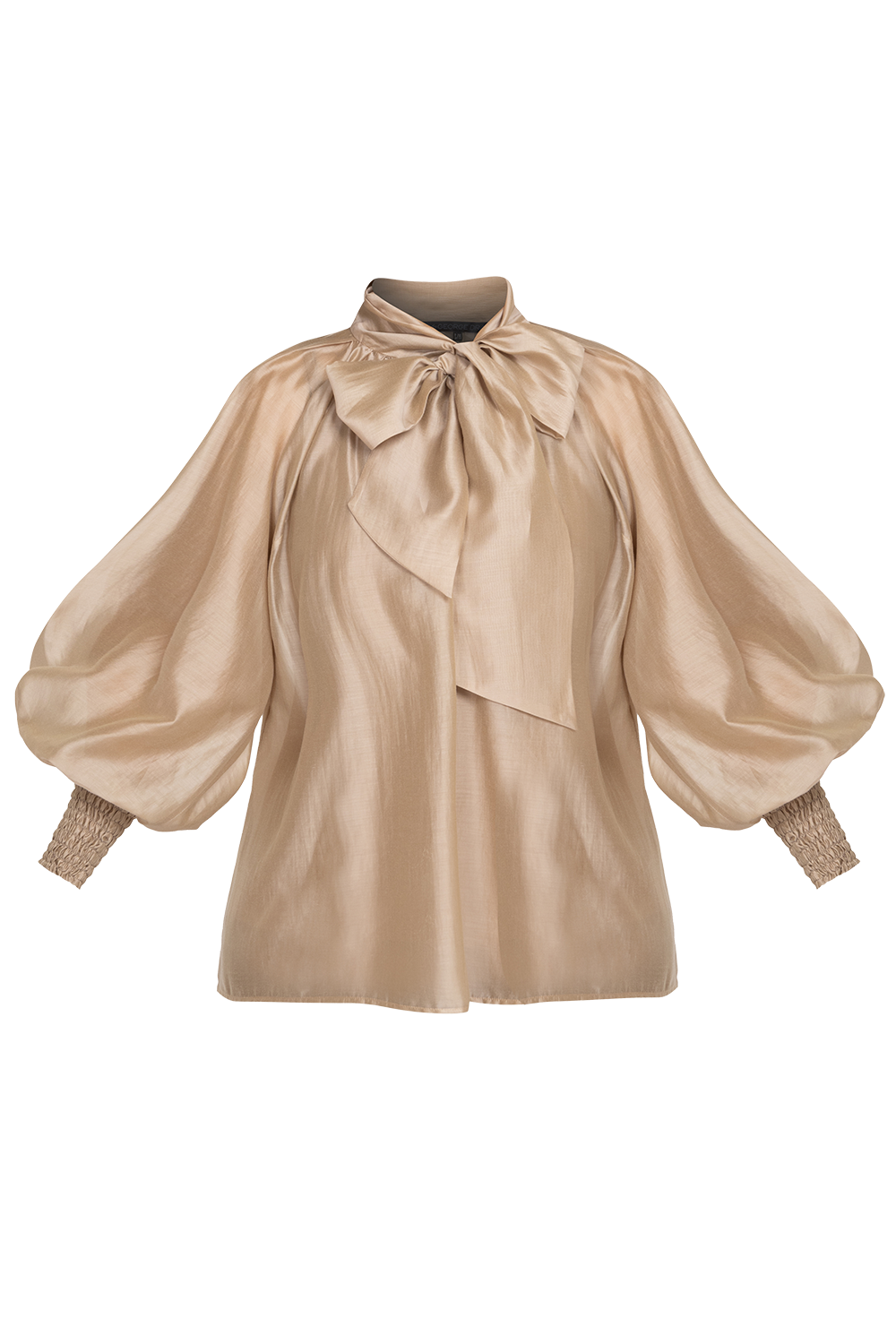 BOHEMIAN BEIGE LYOCELL BLOUSE WITH PUFF SLEEVES AND TIE-FRONT COLLAR - ESSENTIALS JIORO БОХЕМСКА РИЗА ОТ ЛИОЦЕЛ В БЕЖОВО С БОГАТИ РЪКАВИ И ВРЪЗКА - ESSENTIALS JIORO