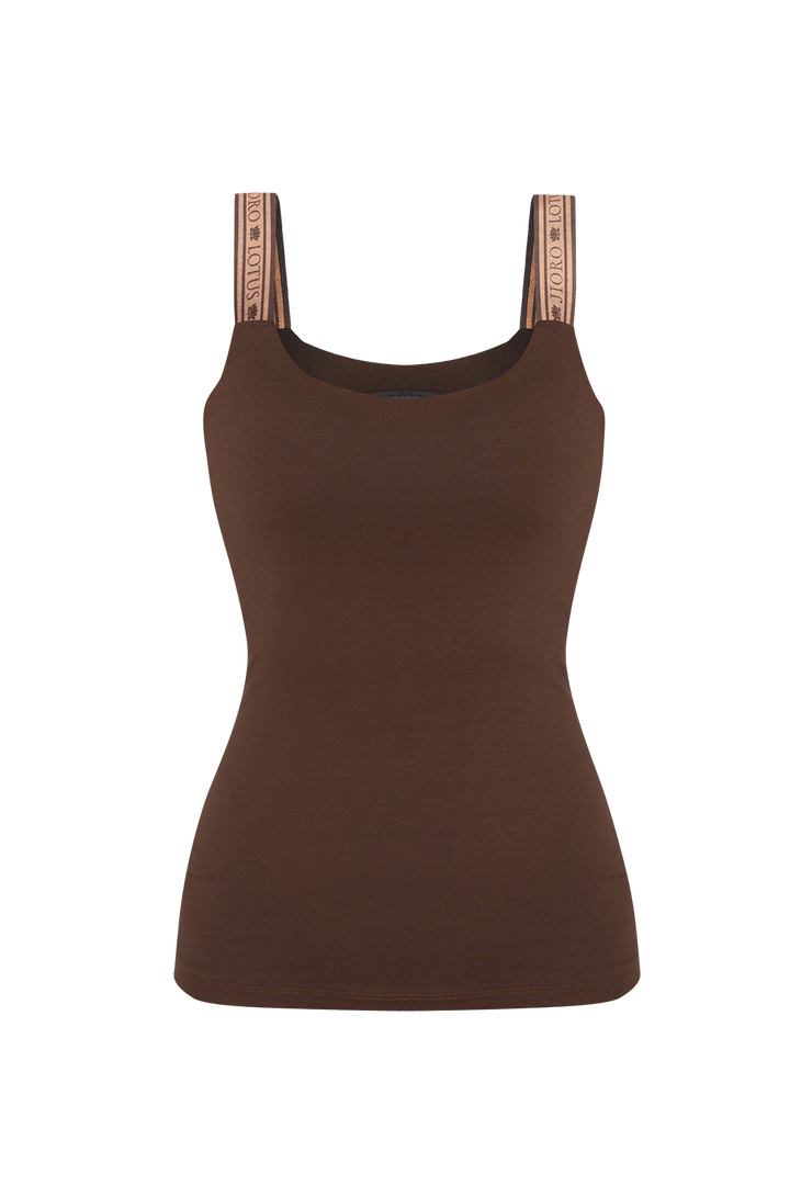 VISCOSE TANK TOP IN BROWN WITH ELASTIC STRAPS - ESSENTIALS JIORO КАФЯВ ТОП ОТ ВИСКОЗА С ЕЛАСТИЧНИ ПРЕЗРАМКИ - ESSENTIALS JIORO