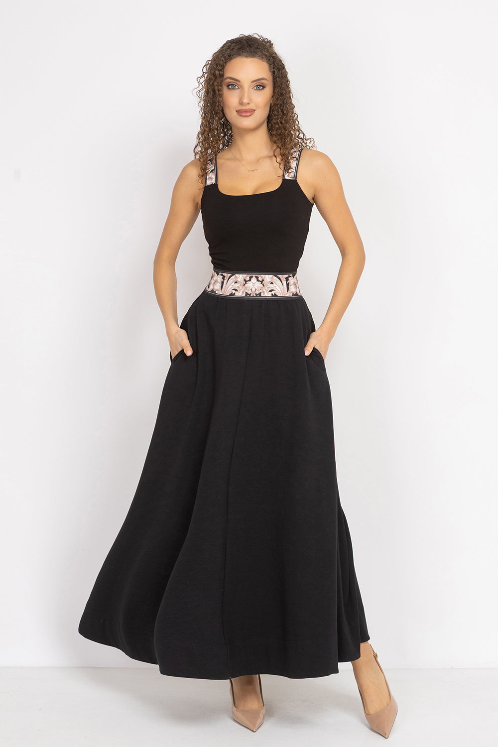 LONG BLACK COTTON SKIRT WITH ELASTIC WAIST AND SIDE POCKETS - ESSENTIALS - Fashion Roots