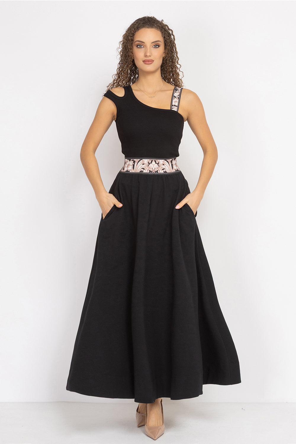 LONG BLACK COTTON SKIRT WITH ELASTIC WAIST AND SIDE POCKETS - ESSENTIALS - Fashion Roots