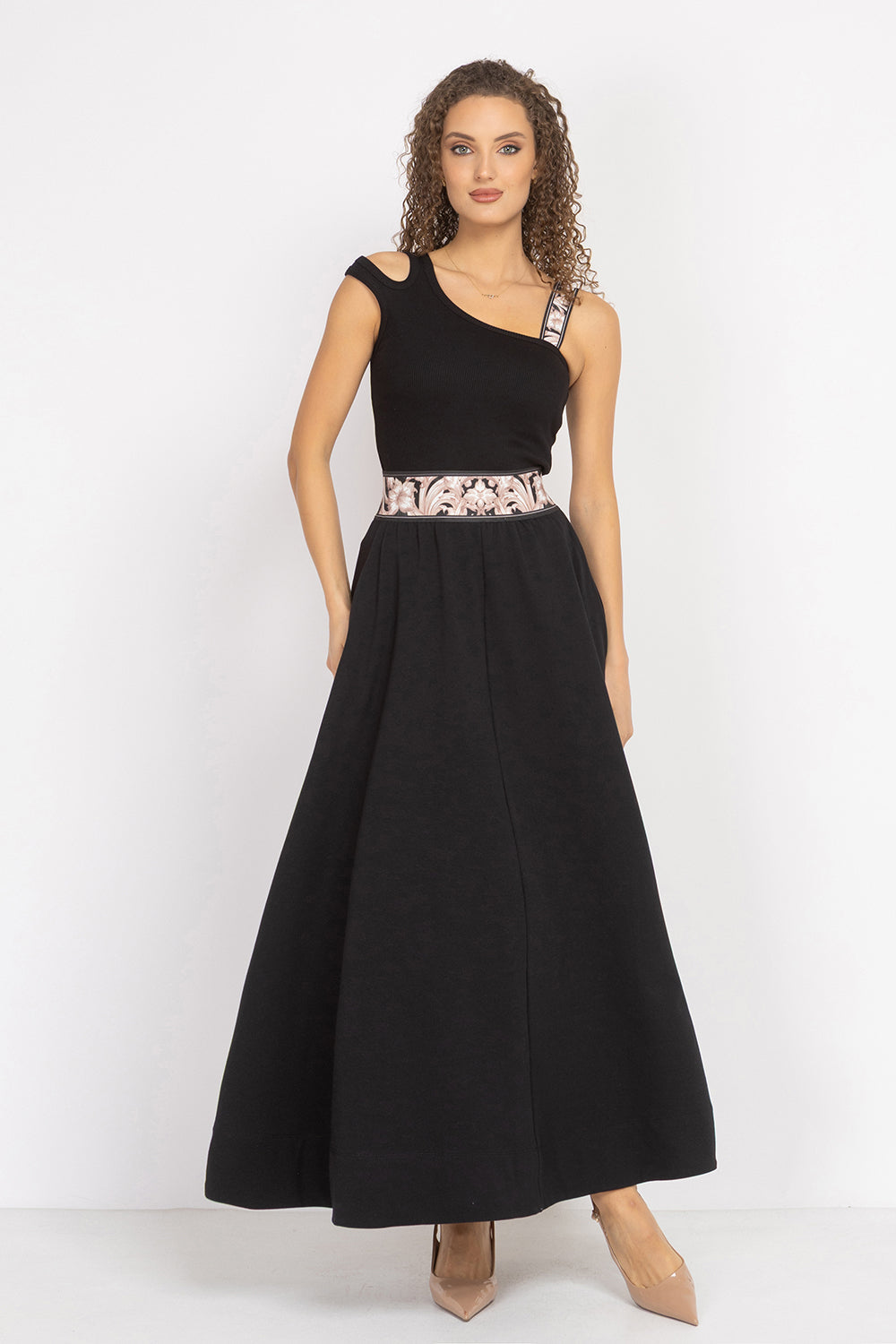 LONG BLACK COTTON SKIRT WITH ELASTIC WAIST AND SIDE POCKETS - ESSENTIALS - Fashion Roots