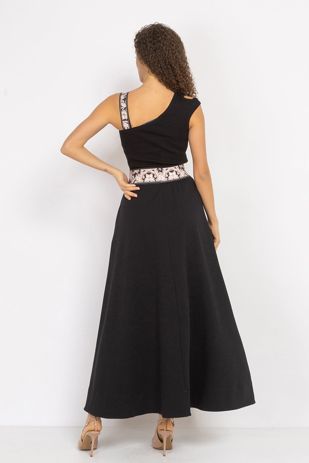LONG BLACK COTTON SKIRT WITH ELASTIC WAIST AND SIDE POCKETS - ESSENTIALS - Fashion Roots