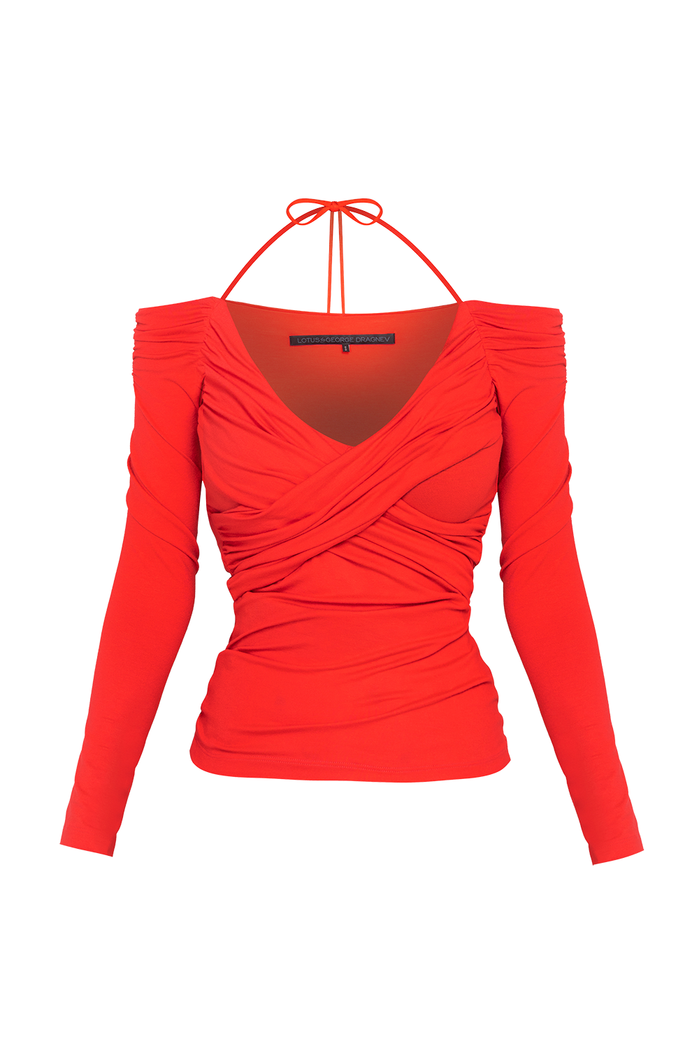 WATERMELON VISCOSE STRETCH WRAP BLOUSE WITH GATHERS - ESSENTIALS JIORO БЛУЗА ОТ ВИСКОЗА В ЦВЯТ ДИНЯ С ПАДНАЛО РАМО И НАБОРИ - ESSENTIALS JIORO