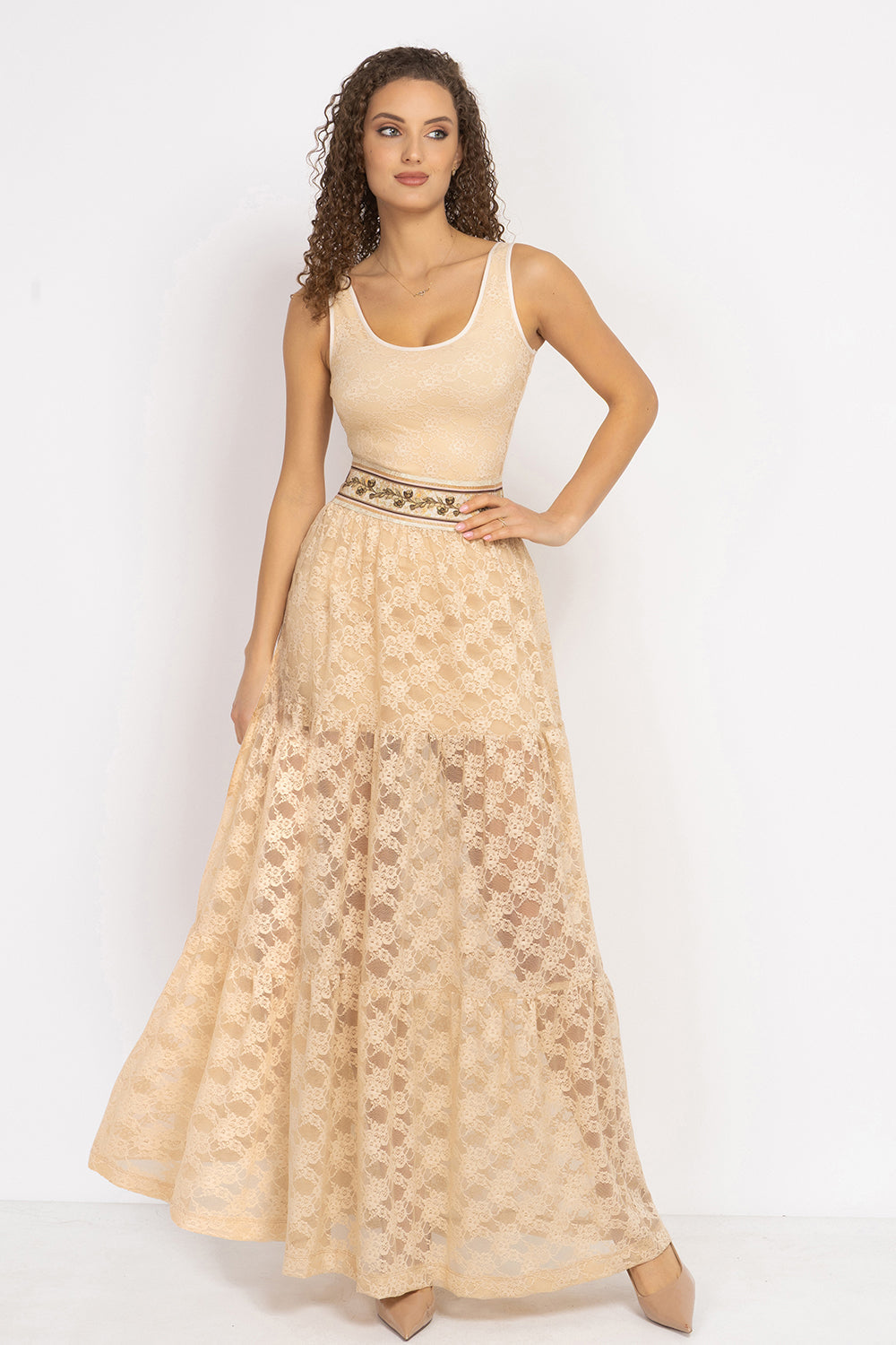 LACE BODYSUIT WITH DEEP SCOOP NECKLINE BEIGE - ESSENTIALS