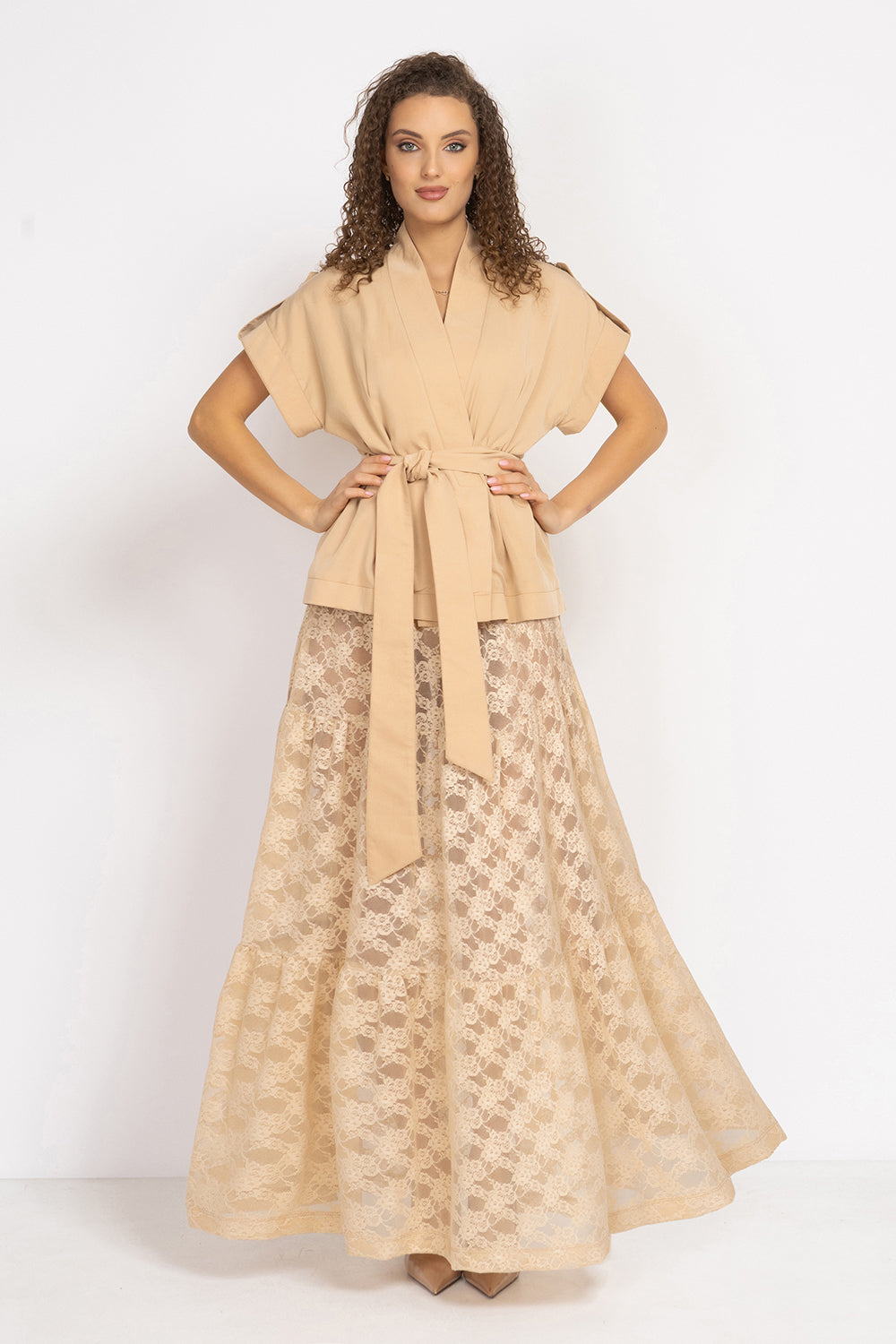 BEIGE SHORT-SLEEVE JACKET WITH BELT AND LINING - ESSENTIALS