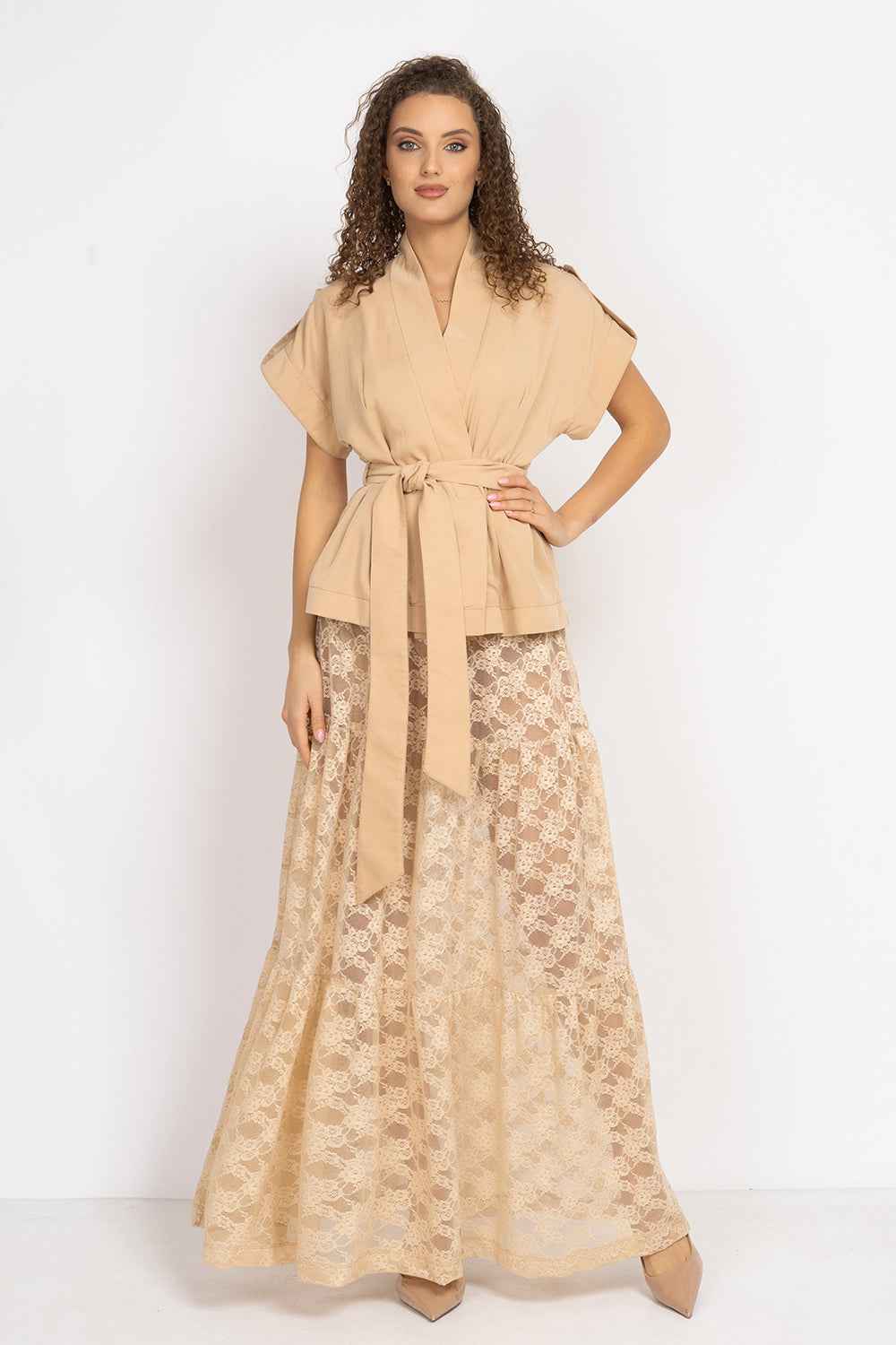 BEIGE SHORT-SLEEVE JACKET WITH BELT AND LINING - ESSENTIALS
