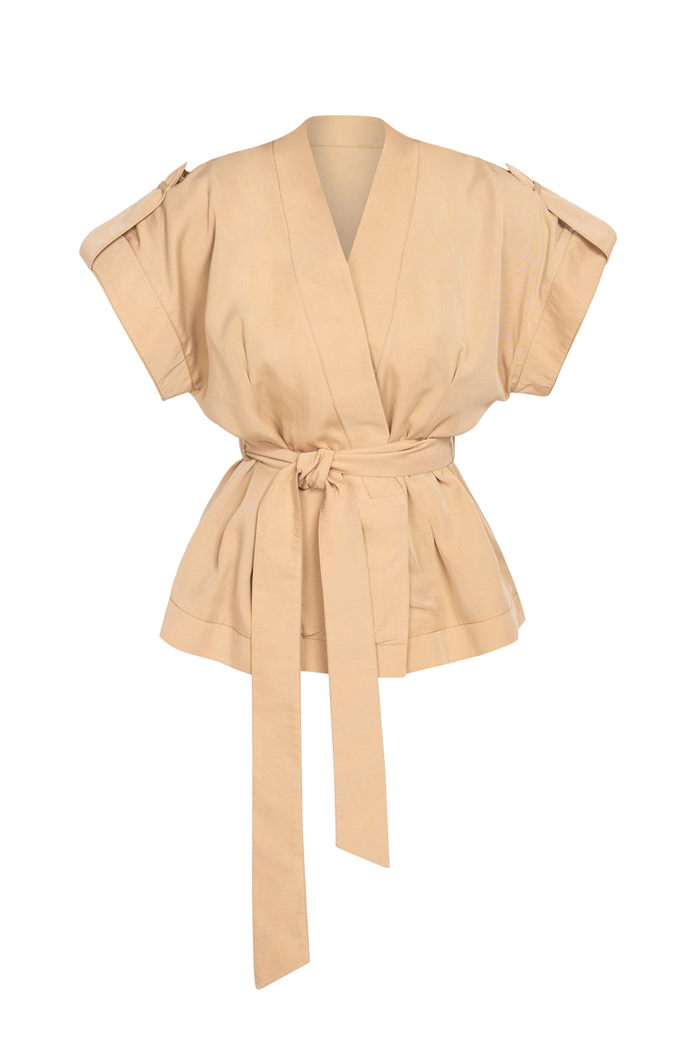 BEIGE SHORT-SLEEVE JACKET WITH BELT AND LINING - ESSENTIALS JIORO  САКО ОТ ЛИОСЕЛ ТИП КИМОНО С КЪС РЪКАВ И КОЛАН В БЕЖОВО - ESSENTIALS JIORO