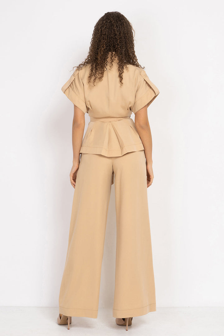 BEIGE SHORT-SLEEVE JACKET WITH BELT AND LINING - ESSENTIALS JIORO  САКО ОТ ЛИОСЕЛ ТИП КИМОНО С КЪС РЪКАВ И КОЛАН В БЕЖОВО - ESSENTIALS JIORO