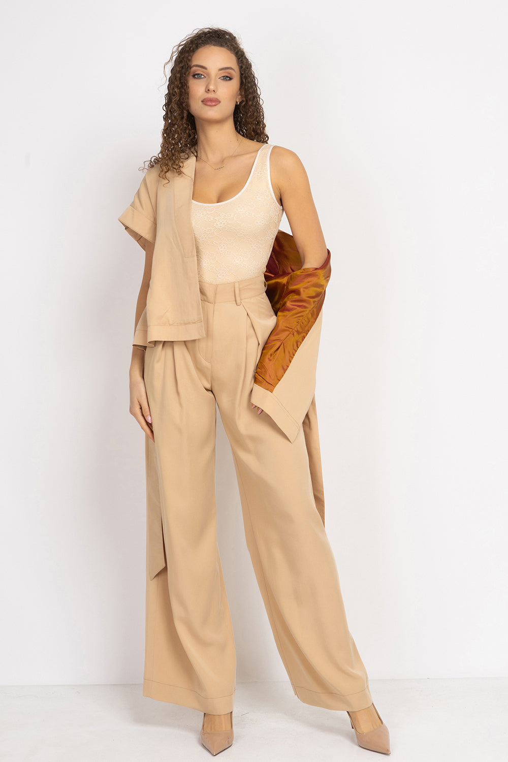 BEIGE SHORT-SLEEVE JACKET WITH BELT AND LINING - ESSENTIALS