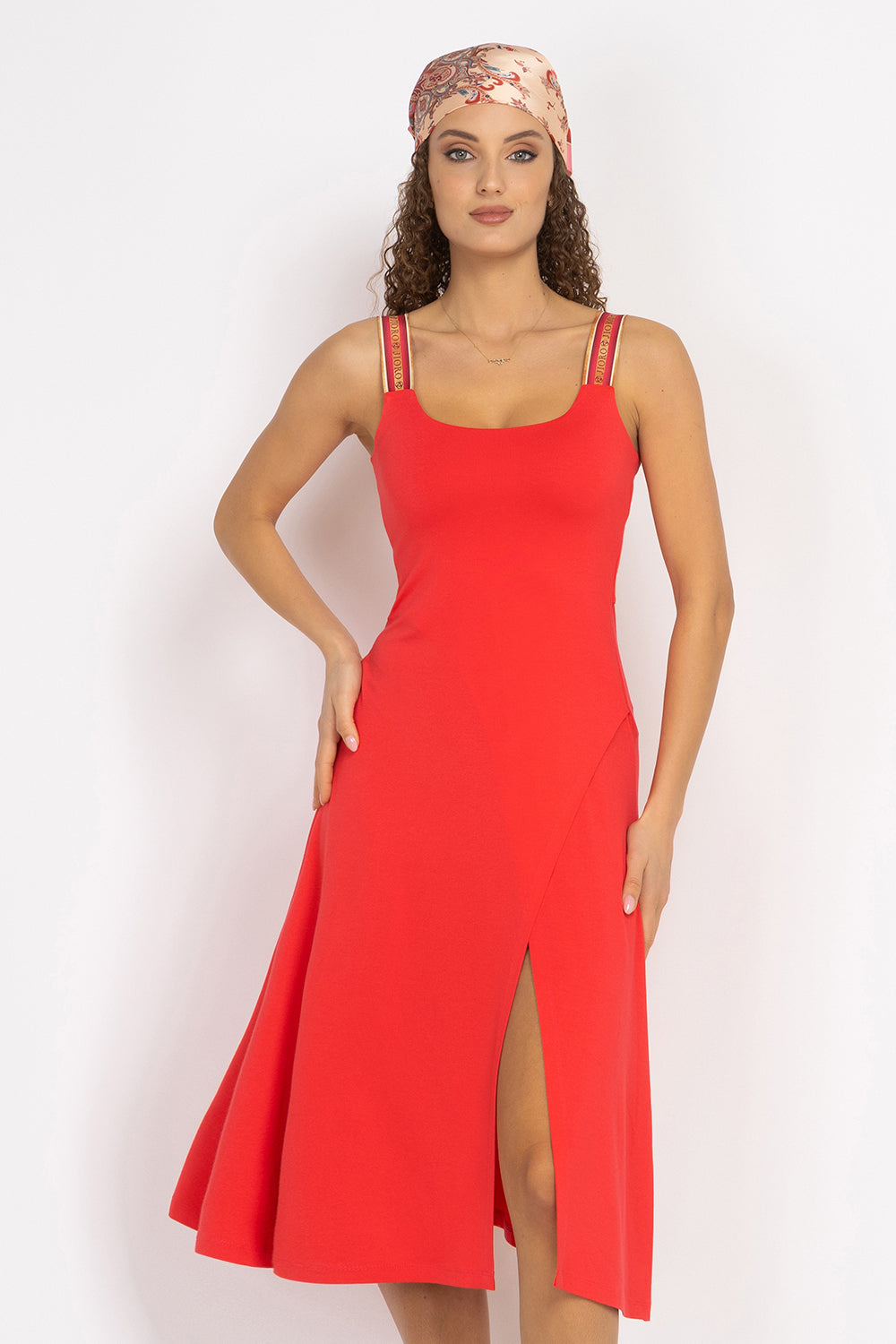 WATERMELON VISCOSE STRAP DRESS WITH ELASTIC DETAIL AND SOFT A-LINE SILHOUETTE - ESSENTIALS JIORO РОКЛЯ ОТ ВИСКОЗА С ЕЛАСТИЧНИ ПРЕЗРАМКИ И А-СИЛУЕТ В ЦВЯТ ДИНЯ - ESSENTIALS JIORO