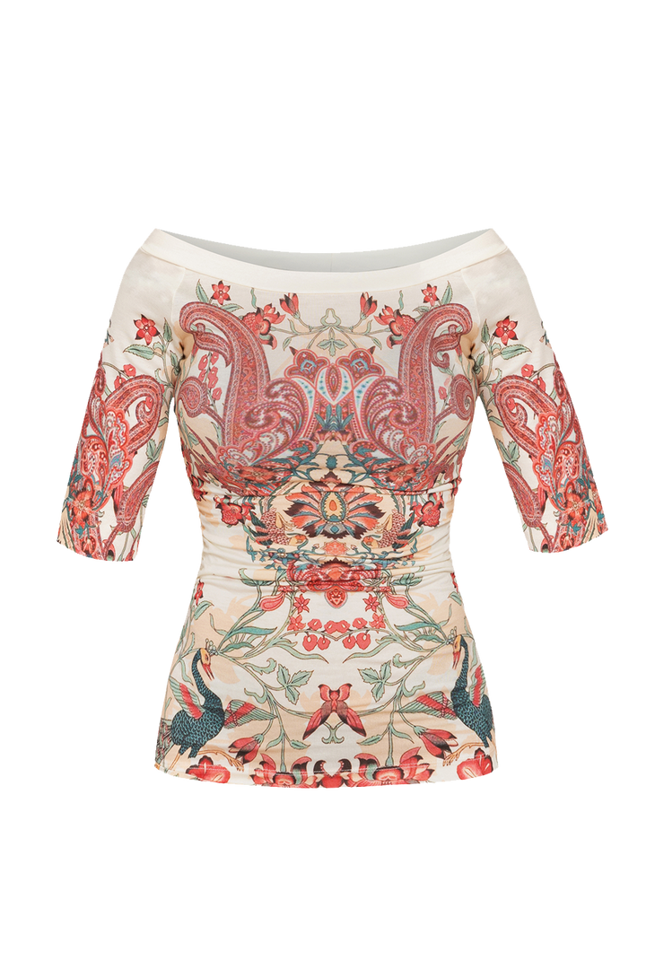 VISCOSE TOP WITH OFF-SHOULDER NECKLINE - PAISLEY RED JIORO ТОП ОТ ВИСКОЗА С ПАДНАЛИ РАМЕНА - PAISLEY RED JIORO