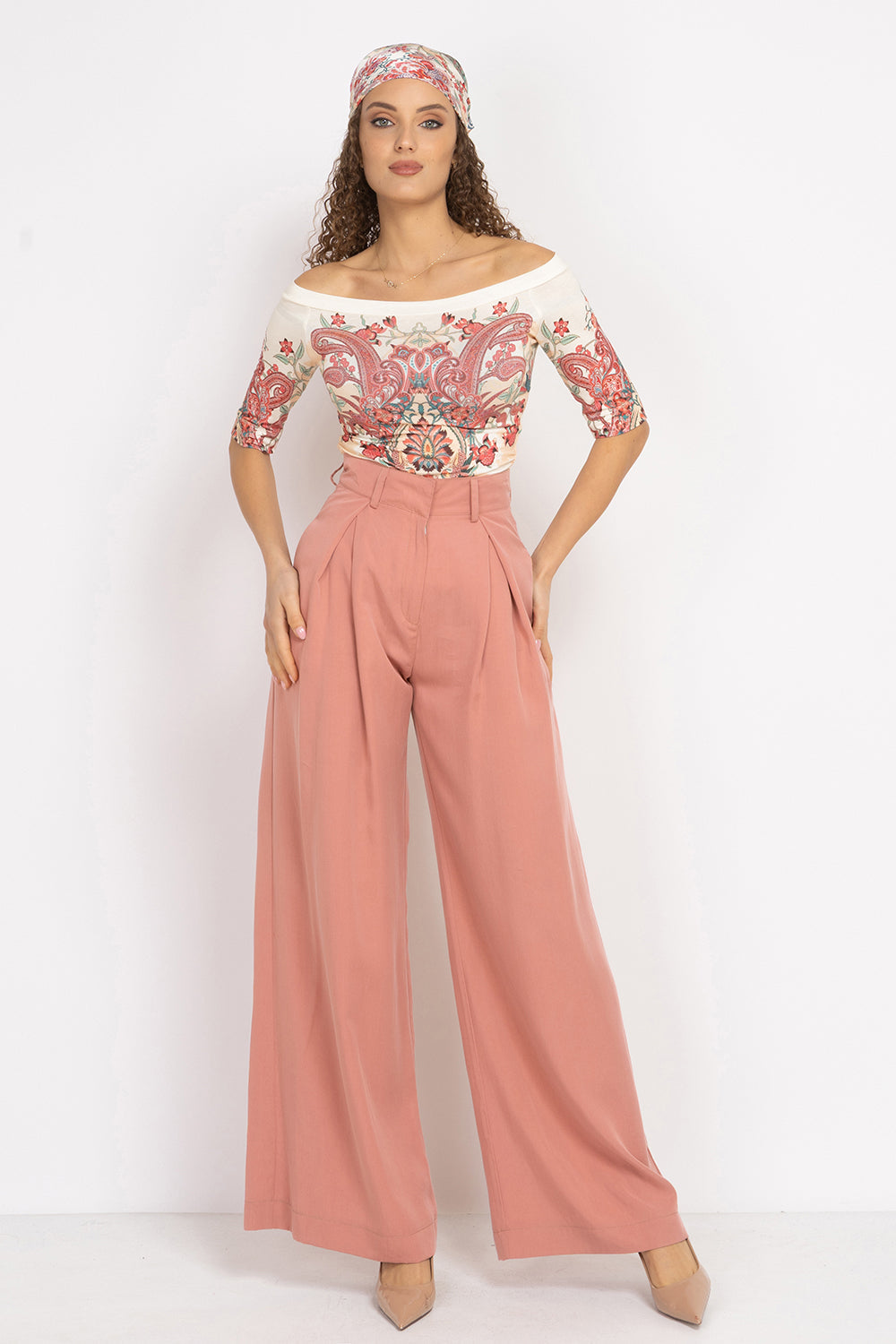 POWDER LOOSE-FIT LYOCELL PANTS WITH PLEATS - ESSENTIALS JIORO СВОБОДЕН ПАНТАЛОН ОТ ЛИОСЕЛ В ЦВЯТ ПУДРА - ESSENTIALS JIORO