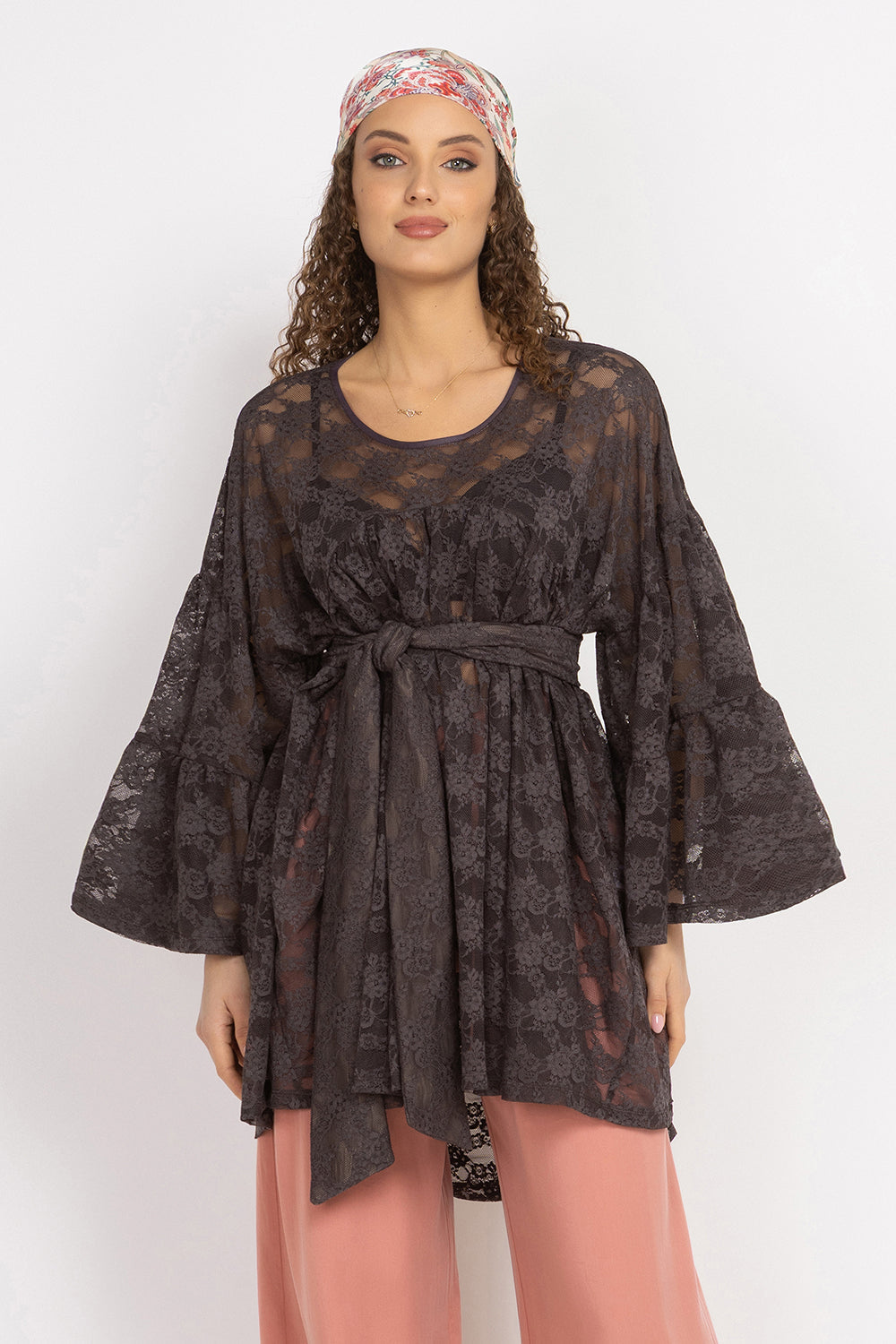 ASYMMETRIC LACE TUNIC WITH GATHERED DETAILS ESPRESSO - ESSENTIALS