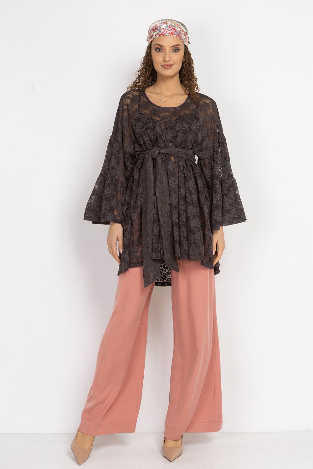 ASYMMETRIC LACE TUNIC WITH GATHERED DETAILS ESPRESSO - ESSENTIALS
