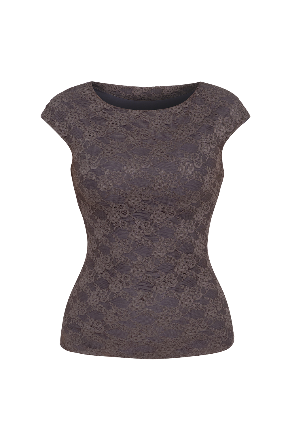 DOUBLE-LAYER LACE TOP WITH BOAT NECKLINE ESPRESSO and GRAPHITE - ESSENTIALS JIORO ДВУСЛОЕН ДАНТЕЛЕН ТОП В МОКА С ЛОДКА ДЕКОЛТЕ И ПОДПЛАТА ОТ ПАМУК - ESSENTIALS JIORO