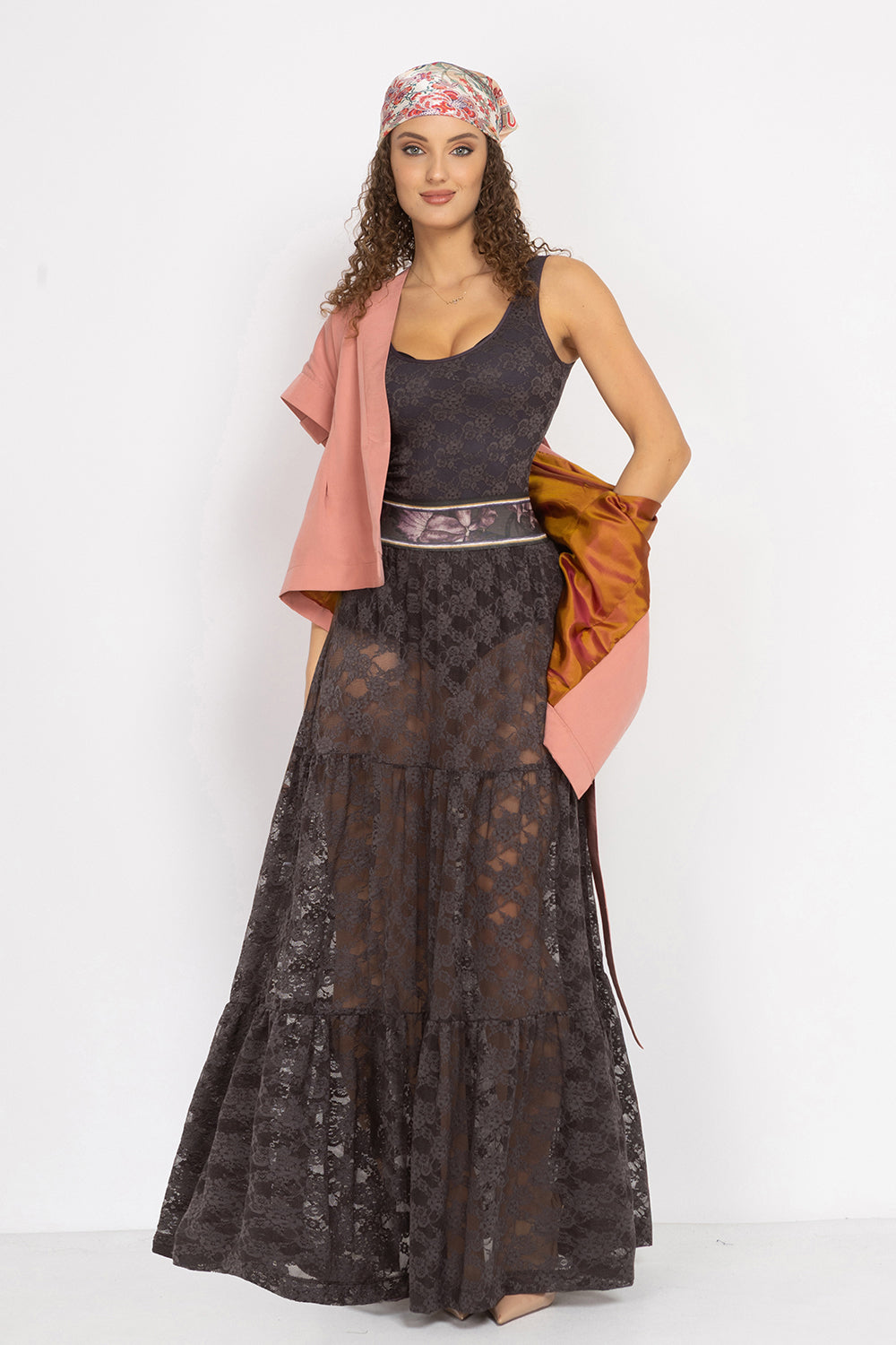 ESPRESSO BOHO LACE SKIRT WITH SHORT LINING - ESSENTIALS JIORO ДАНТЕЛЕНА БОХО ПОЛА В ЦВЯТ ЕСПРЕСО С КЪСА ПАМУЧНА ПОДПЛАТА- ESSENTIALS JIORO
