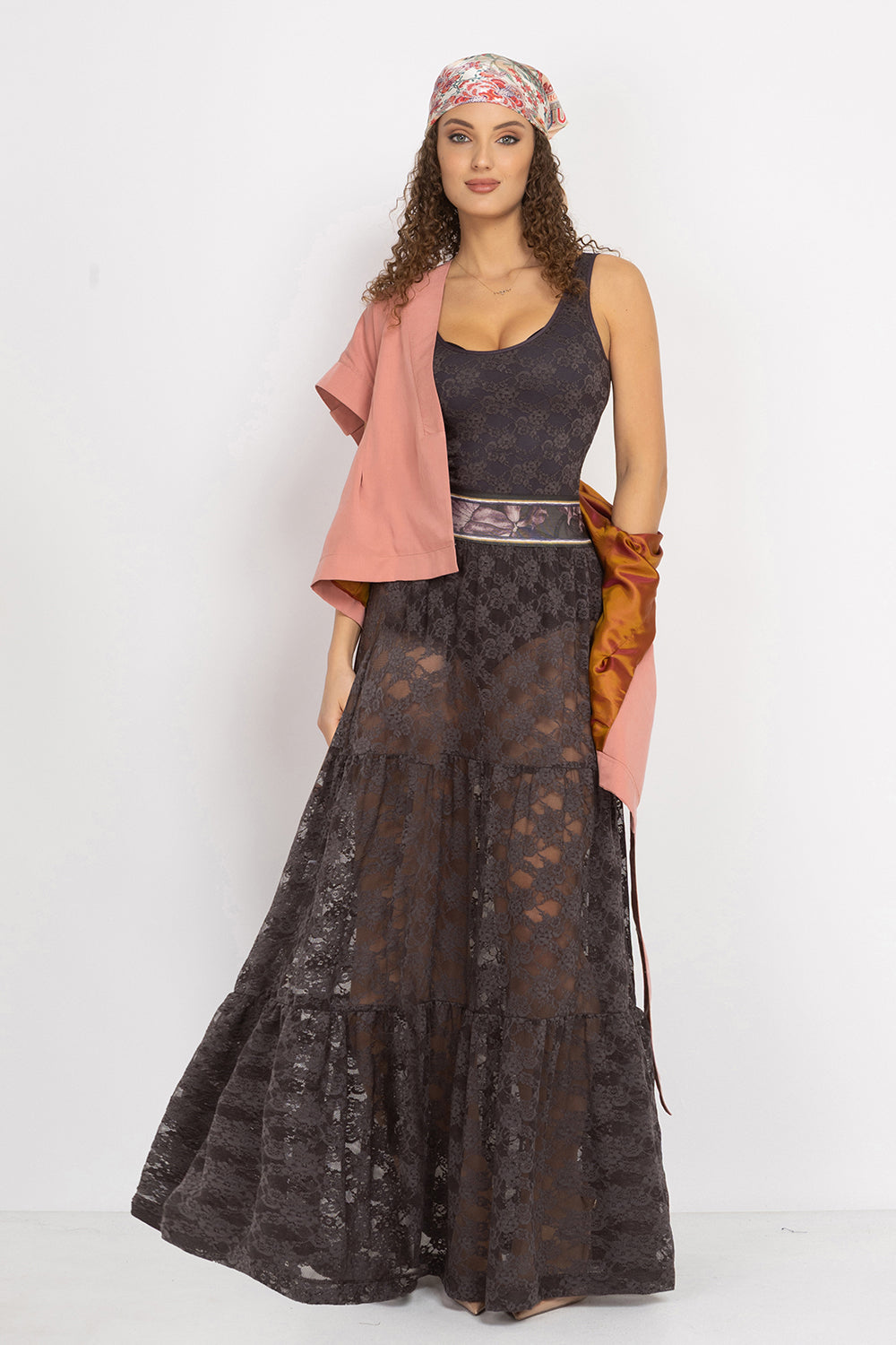 ESPRESSO BOHO LACE SKIRT WITH SHORT LINING - ESSENTIALS JIORO ДАНТЕЛЕНА БОХО ПОЛА В ЦВЯТ ЕСПРЕСО С КЪСА ПАМУЧНА ПОДПЛАТА- ESSENTIALS JIORO