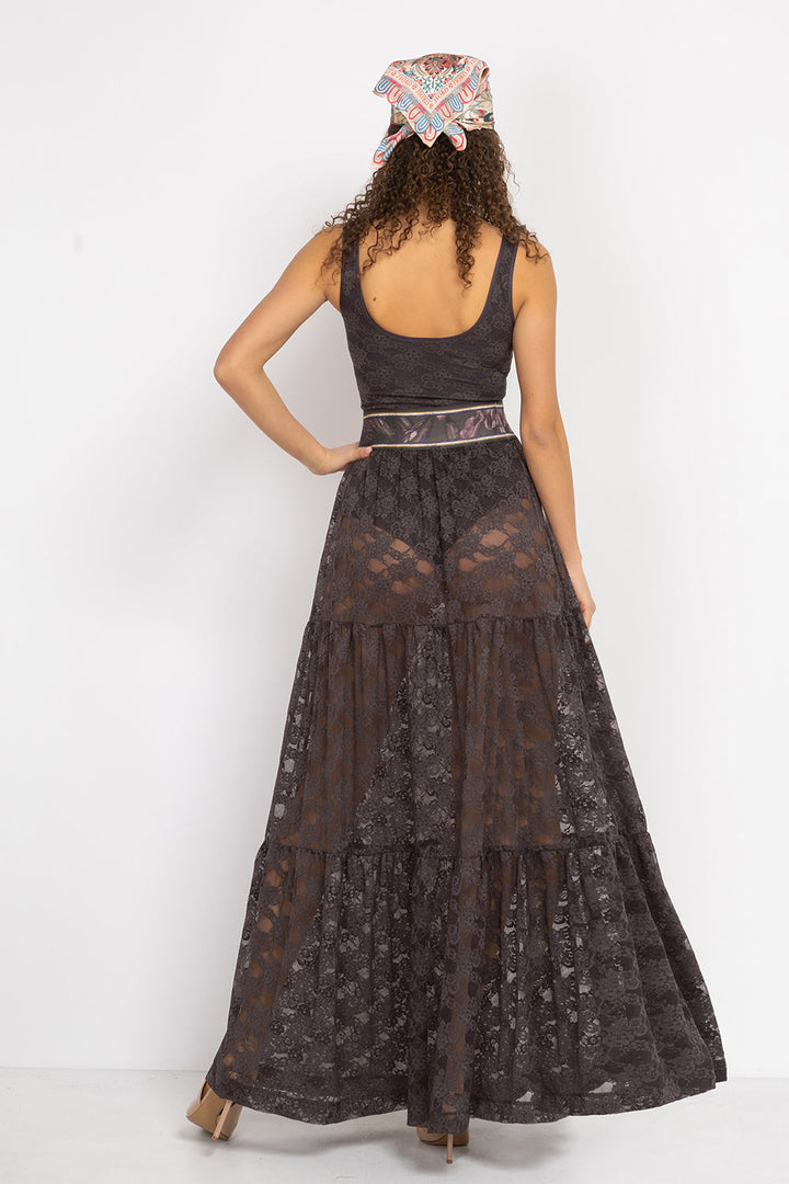 ESPRESSO BOHO LACE SKIRT WITH SHORT LINING - ESSENTIALS JIORO ДАНТЕЛЕНА БОХО ПОЛА В ЦВЯТ ЕСПРЕСО С КЪСА ПАМУЧНА ПОДПЛАТА- ESSENTIALS JIORO