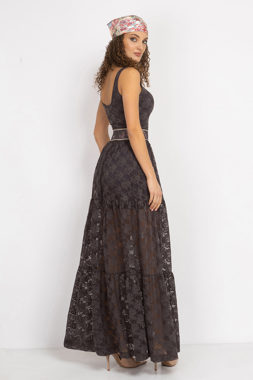ESPRESSO BOHO LACE SKIRT WITH SHORT LINING - ESSENTIALS JIORO ДАНТЕЛЕНА БОХО ПОЛА В ЦВЯТ ЕСПРЕСО С КЪСА ПАМУЧНА ПОДПЛАТА- ESSENTIALS JIORO