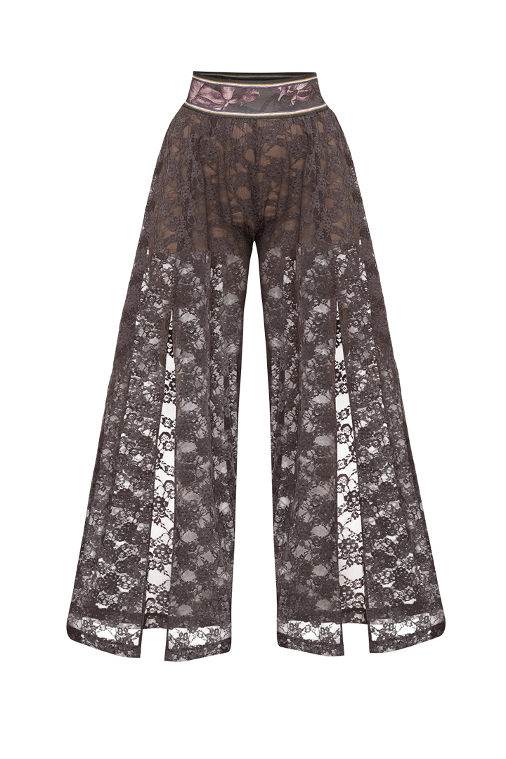 LONG FLARED LACE PANTS WITH SLITS ESPRESSO - ESSENTIALS JIORO ДЪЛЪГ КЛОШ ПАНТАЛОН ОТ ДАНТЕЛА В ЦВЯТ ЕСПРЕСО С ДЪЛБОКИ ЦЕПКИ – ESSENTIALS JIORO