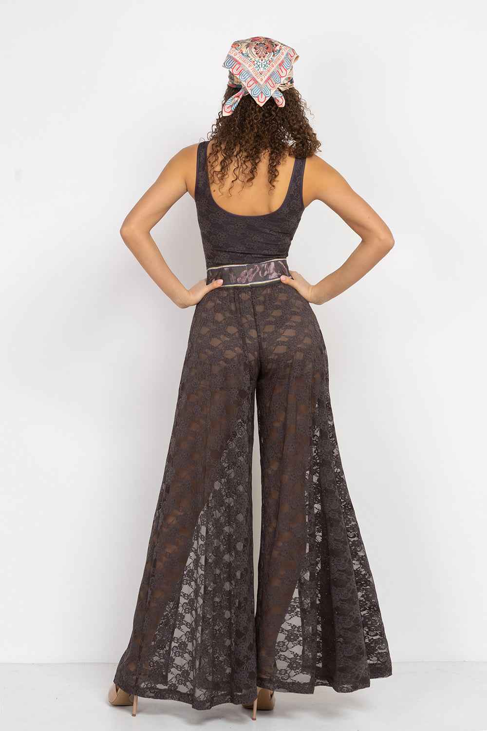 LONG FLARED LACE PANTS WITH SLITS ESPRESSO - ESSENTIALS