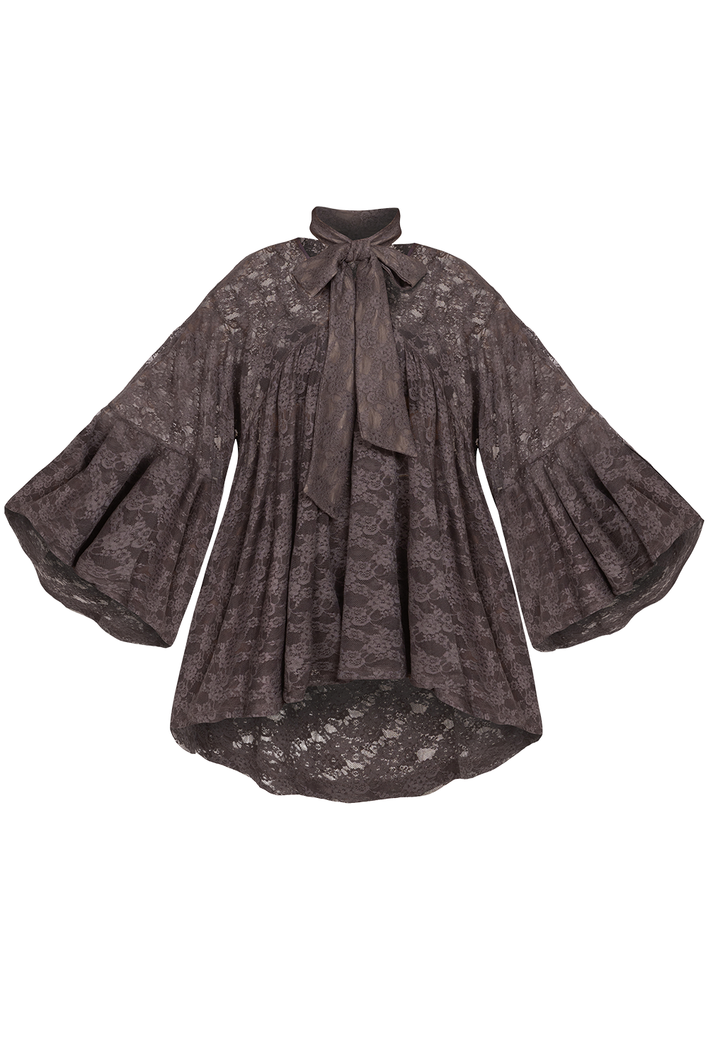ASYMMETRIC LACE TUNIC WITH GATHERED DETAILS ESPRESSO - ESSENTIALS JIORO АСИМЕТРИЧНА ДАНТЕЛЕНА ТУНИКА С НАБОРИ В ЕСПРЕСО – ESSENTIALS JIORO