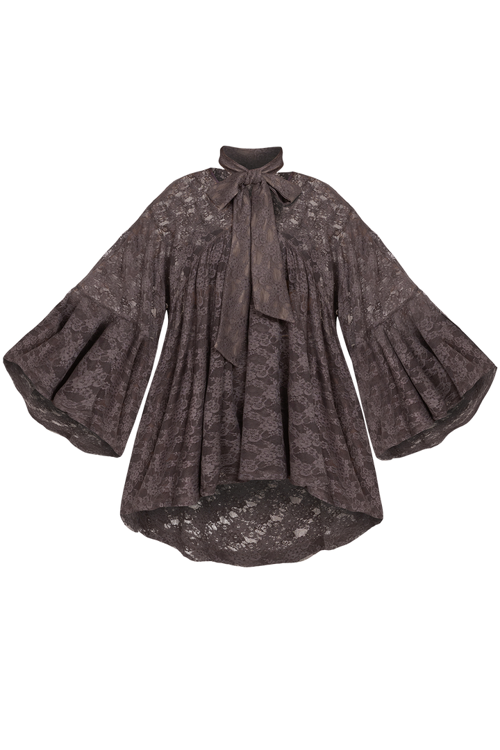 ASYMMETRIC LACE TUNIC WITH GATHERED DETAILS ESPRESSO - ESSENTIALS JIORO АСИМЕТРИЧНА ДАНТЕЛЕНА ТУНИКА С НАБОРИ В ЕСПРЕСО – ESSENTIALS JIORO