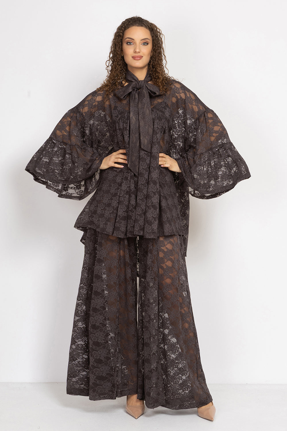 LONG FLARED LACE PANTS WITH SLITS ESPRESSO - ESSENTIALS