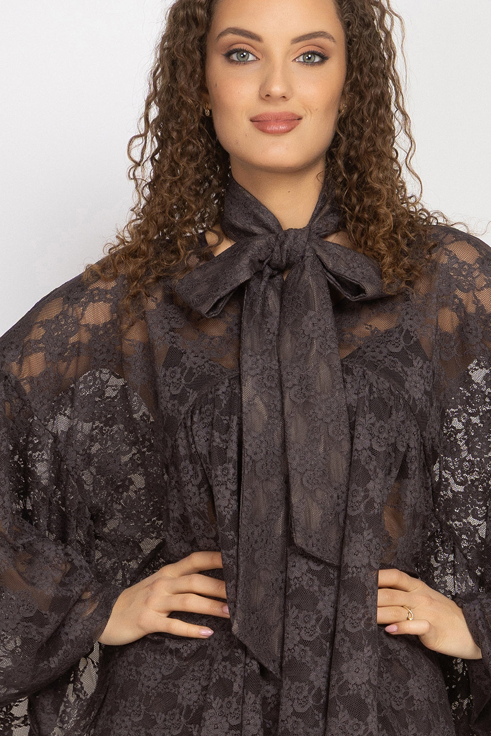 ASYMMETRIC LACE TUNIC WITH GATHERED DETAILS ESPRESSO - ESSENTIALS