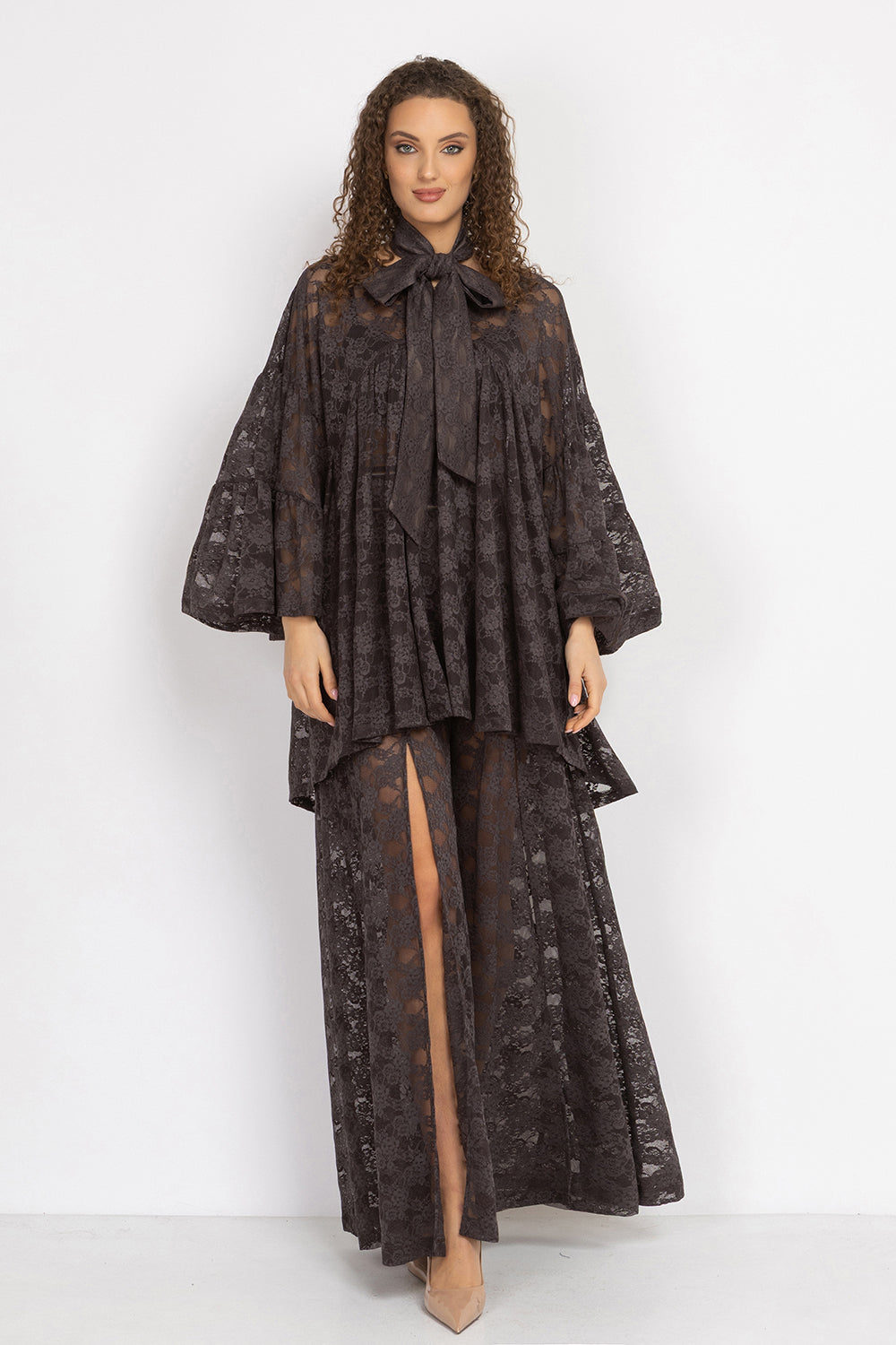 ASYMMETRIC LACE TUNIC WITH GATHERED DETAILS ESPRESSO - ESSENTIALS