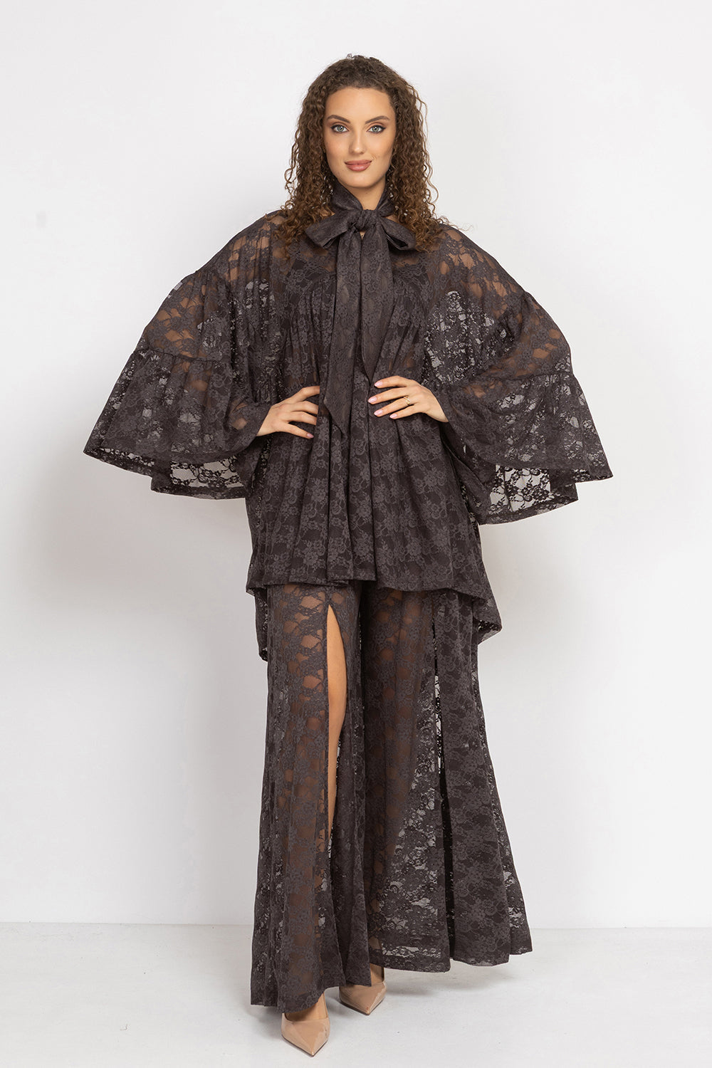 ASYMMETRIC LACE TUNIC WITH GATHERED DETAILS ESPRESSO - ESSENTIALS