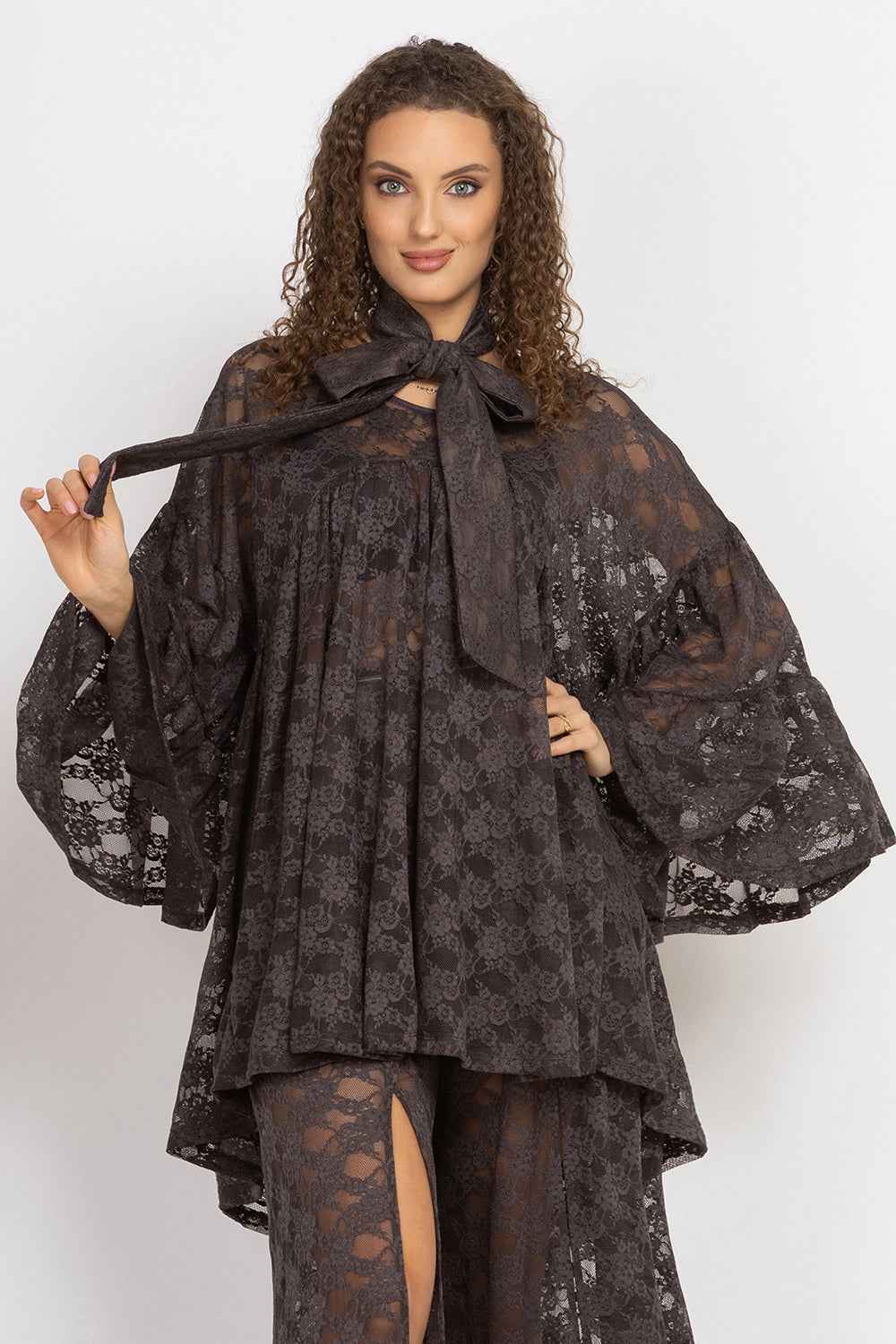 ASYMMETRIC LACE TUNIC WITH GATHERED DETAILS ESPRESSO - ESSENTIALS