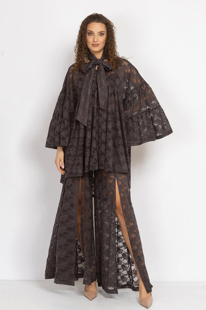 ASYMMETRIC LACE TUNIC WITH GATHERED DETAILS ESPRESSO - ESSENTIALS JIORO АСИМЕТРИЧНА ДАНТЕЛЕНА ТУНИКА С НАБОРИ В ЕСПРЕСО – ESSENTIALS JIORO