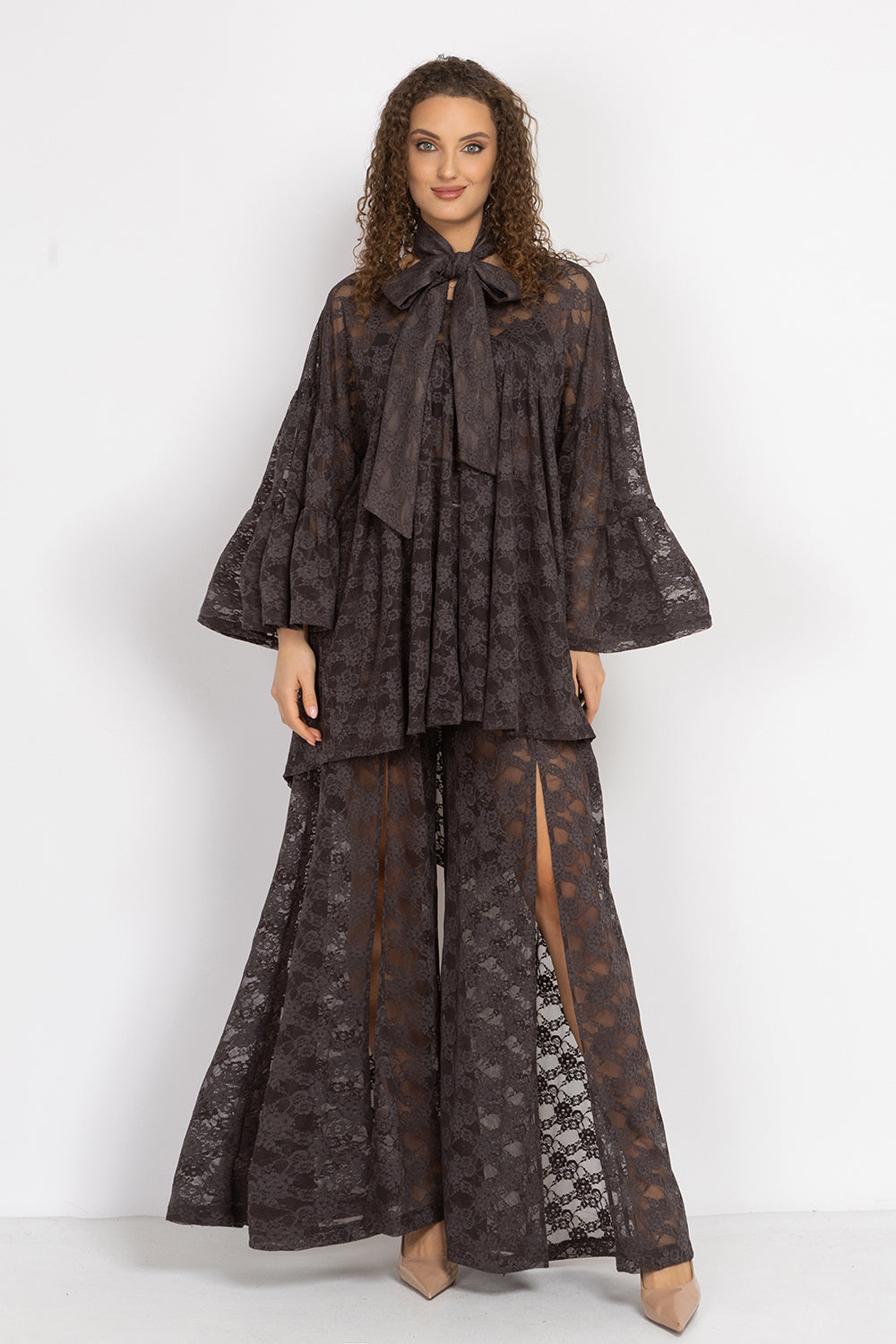 ASYMMETRIC LACE TUNIC WITH GATHERED DETAILS ESPRESSO - ESSENTIALS