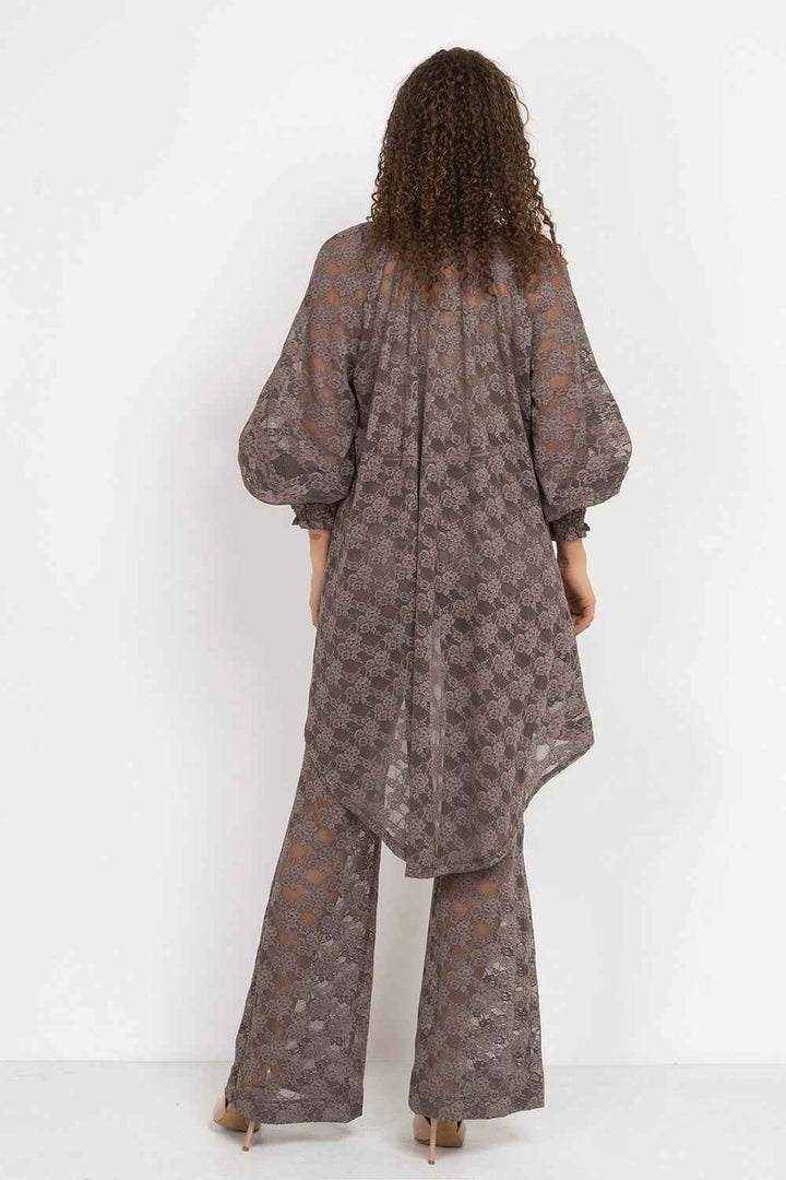 MOCHA LACE SHIRT WITH FRONT BOW AND LONG BACK - ESSENTIALS