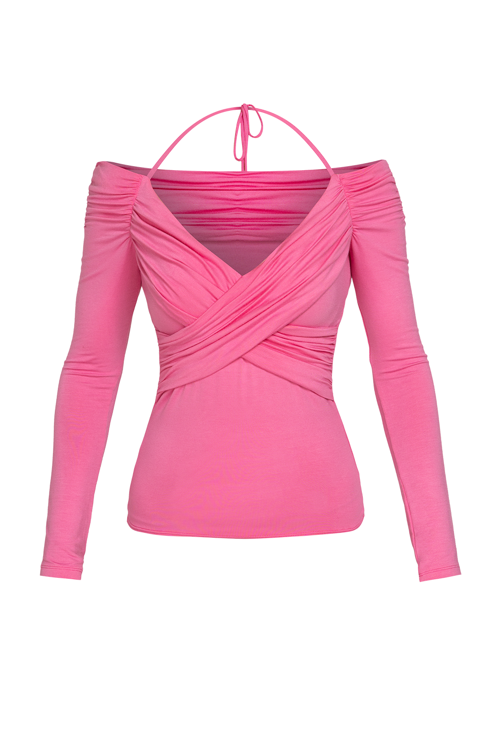 PINK VISCOSE STRETCH WRAP BLOUSE WITH GATHERS - ESSENTIALS JIORO БЛУЗА ОТ ВИСКОЗА В РОЗОВО С ПАДНАЛО РАМО И НАБОРИ - ESSENTIALS JIORO