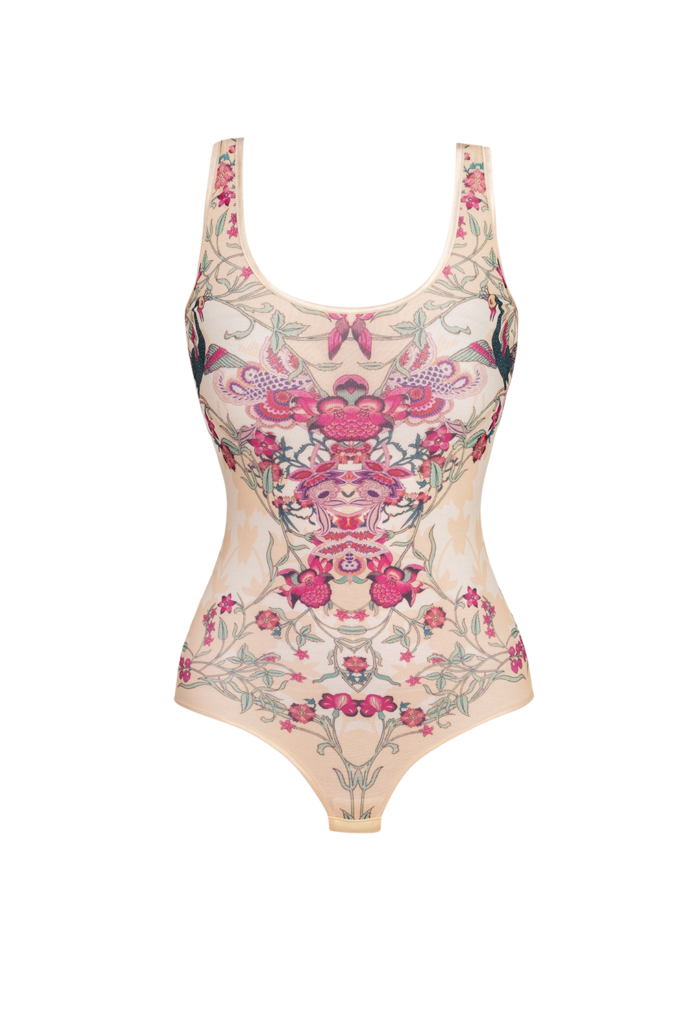 MESH BODYSUIT WITH DEEP SCOOP NECKLINE AND MODAL LINING - PAISLEY RED JIORO БОДИ ОТ МРЕЖА БЕЗ РЪКАВИ С ДЪЛБОКО ОБЛО ДЕКОЛТЕ И ПОДПЛАТА ОТ МЕК МОДАЛ - PAISLEY RED JIORO